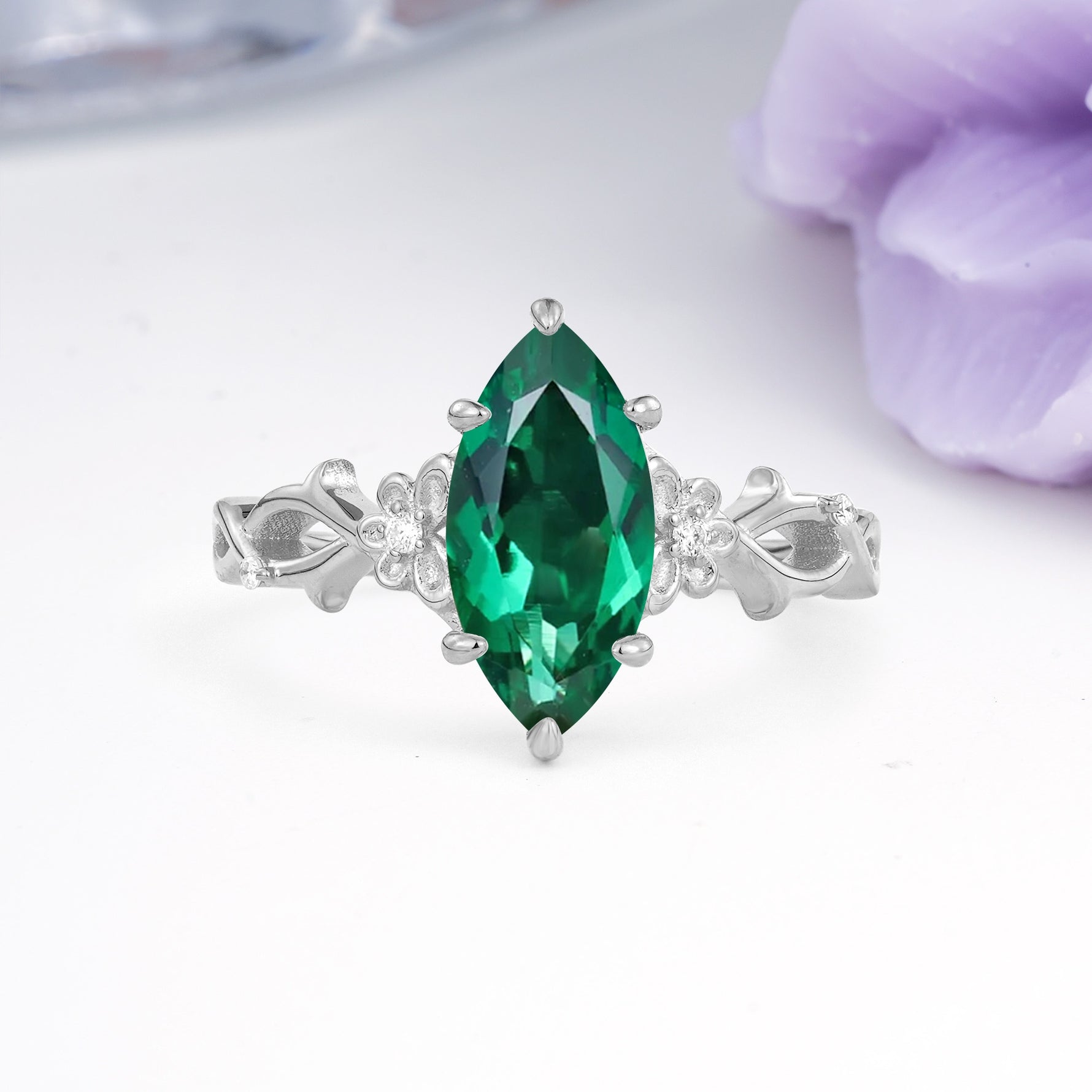 Marquise Cut Solitaire Open Floral Vine Filigree Side Accent Emerald Engagement Ring - Additional view
