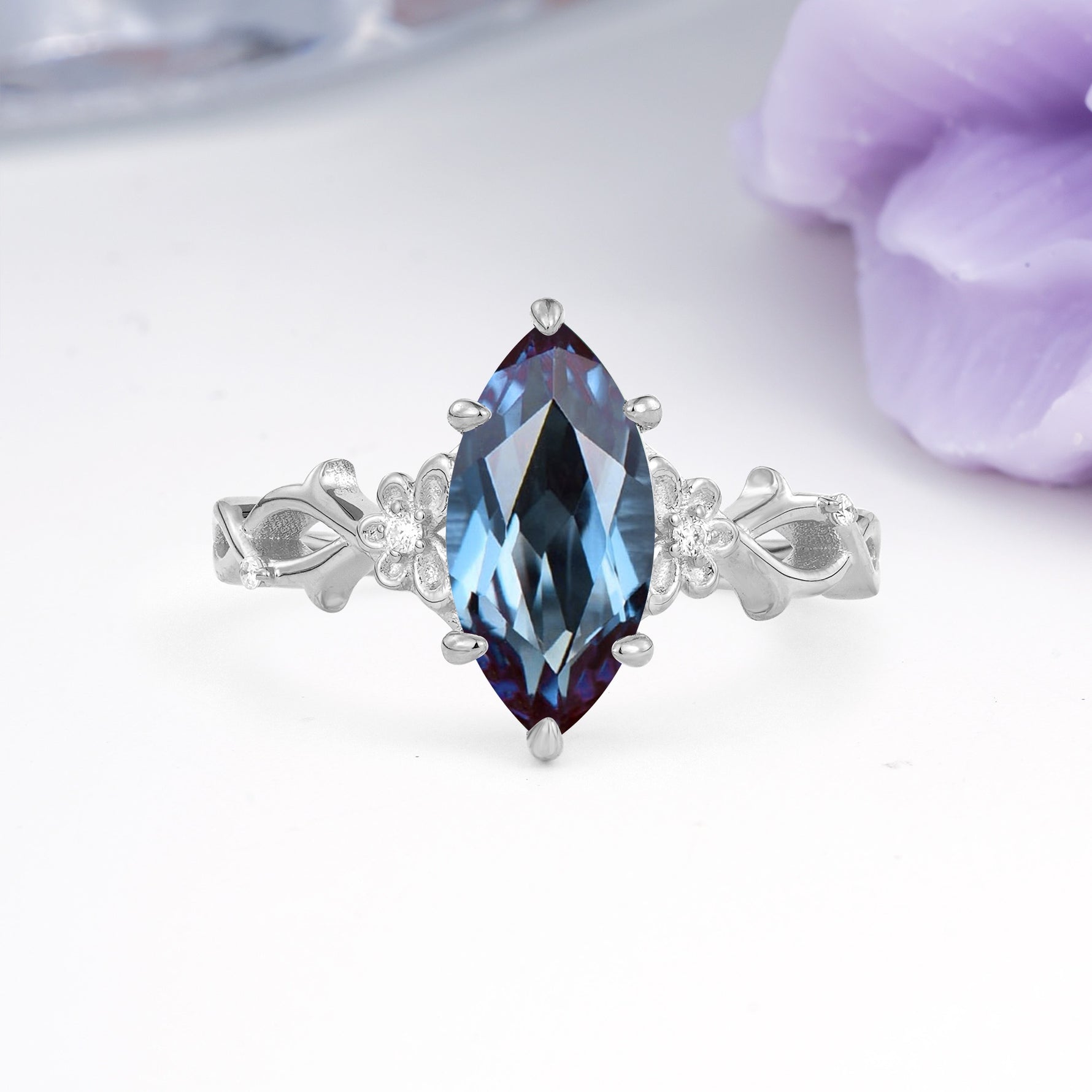 Marquise Cut Solitaire Open Floral Vine Filigree Side Accent Alexandrite Engagement Ring - Additional view