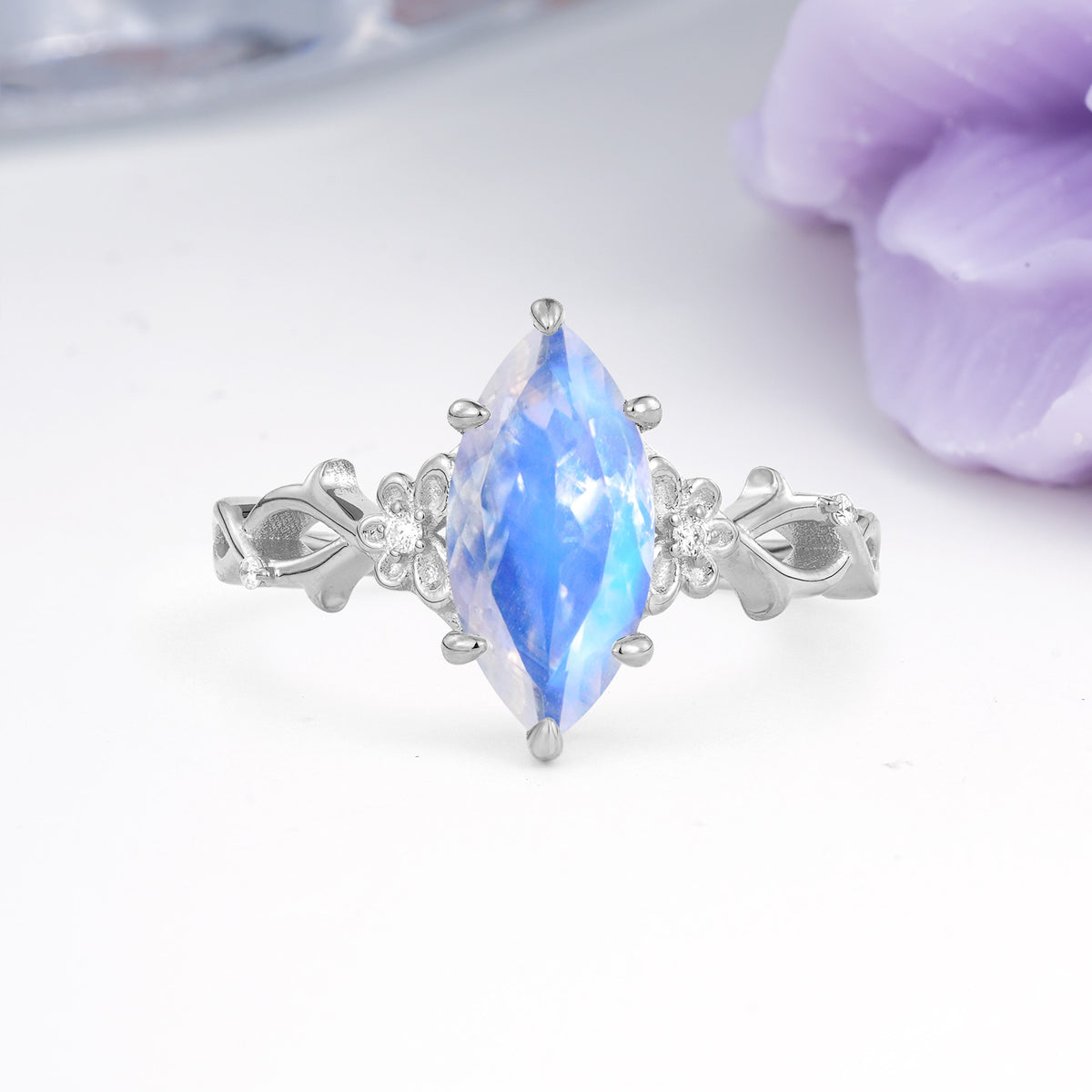 Marquise Cut Solitaire Open Floral Vine Filigree Side Accent Moonstone Engagement Ring - Additional view