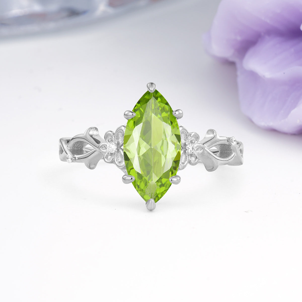 Marquise Cut Solitaire Open Floral Vine Filigree Side Accent Peridot Engagement Ring - Additional view