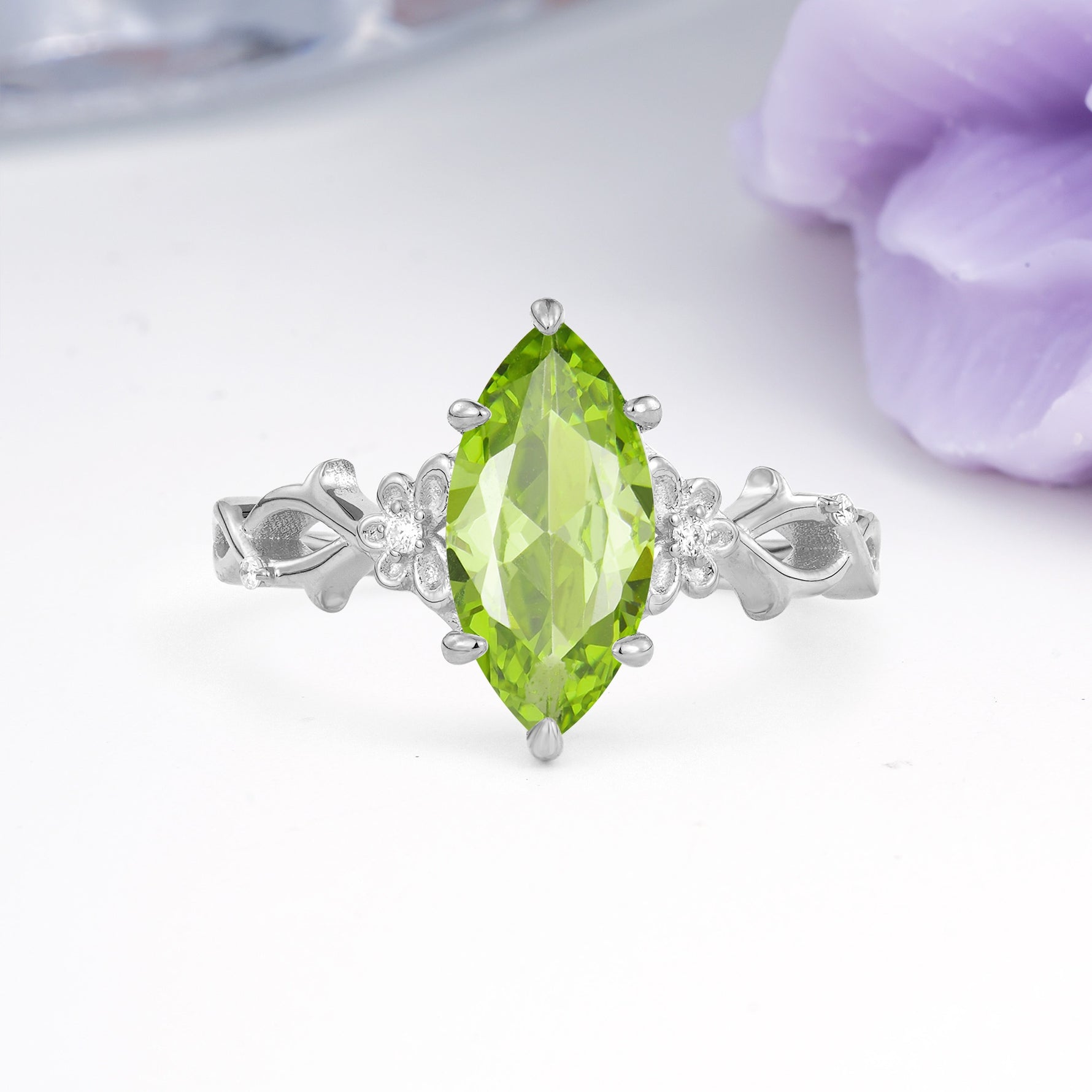 Marquise Cut Solitaire Open Floral Vine Filigree Side Accent Peridot Engagement Ring - Additional view