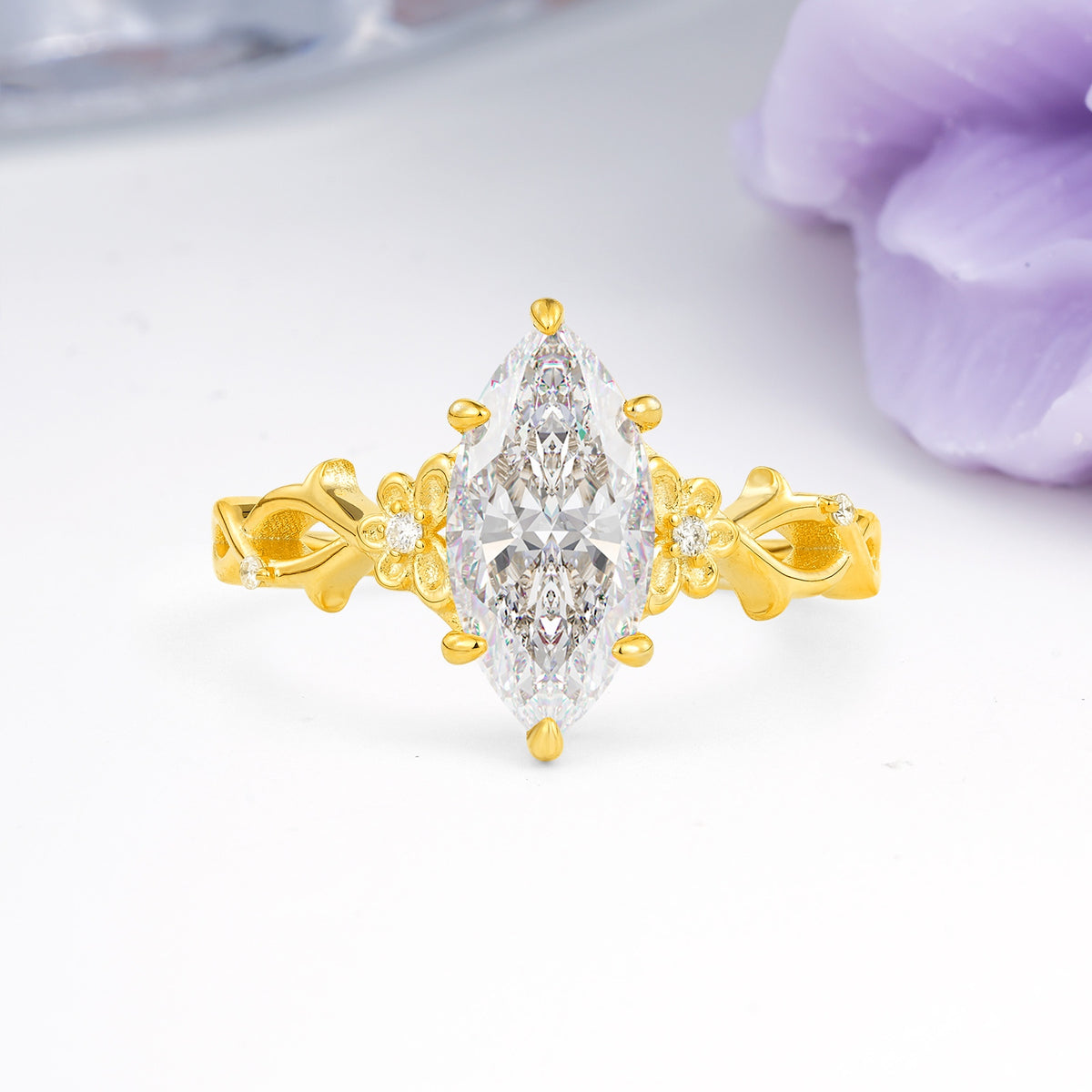 Marquise Cut Solitaire Open Floral Vine Filigree Side Accent Moissanite Engagement Ring - Additional view