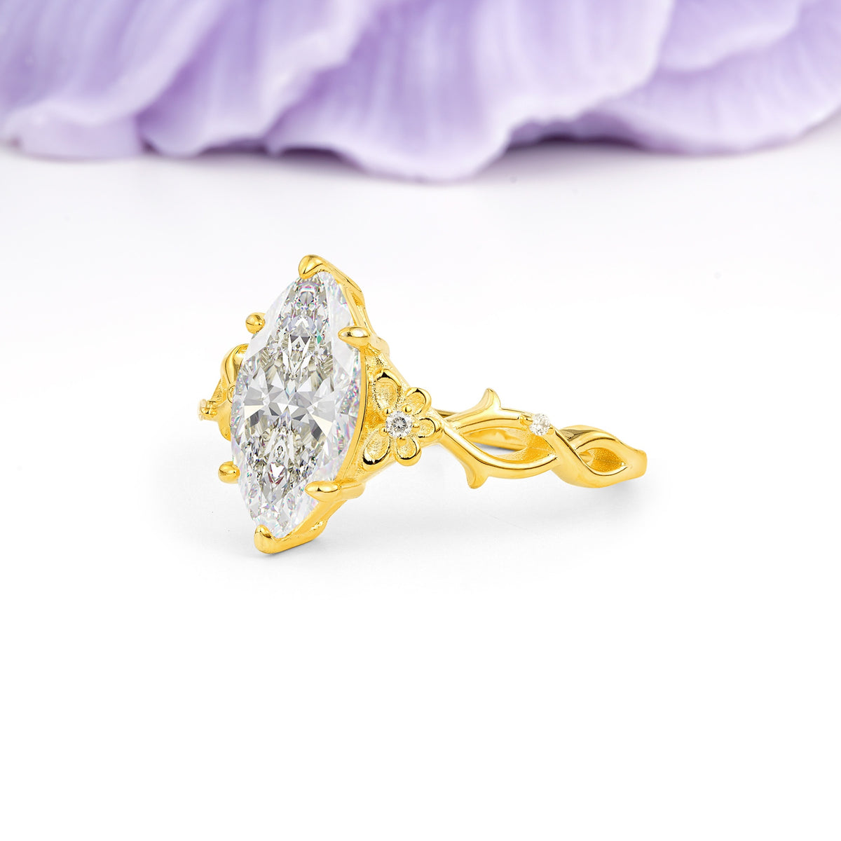 Marquise Cut Solitaire Open Floral Vine Filigree Side Accent Moissanite Engagement Ring - Additional view