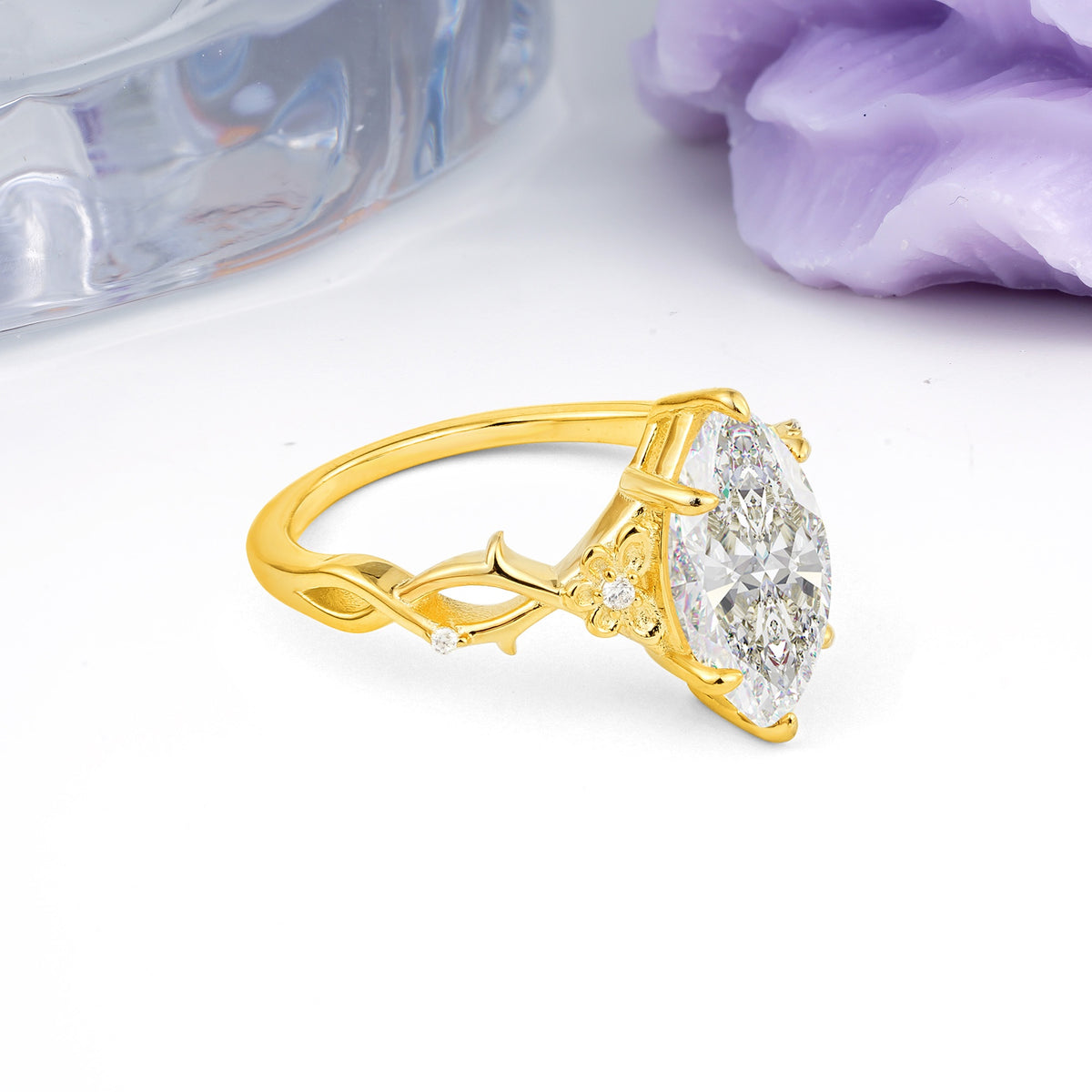Marquise Cut Solitaire Open Floral Vine Filigree Side Accent Moissanite Engagement Ring - Additional view