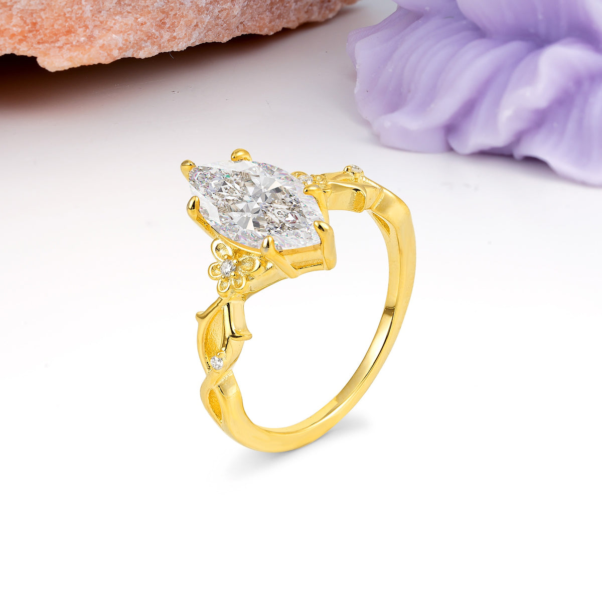 Marquise Cut Solitaire Open Floral Vine Filigree Side Accent Moissanite Engagement Ring - Additional view