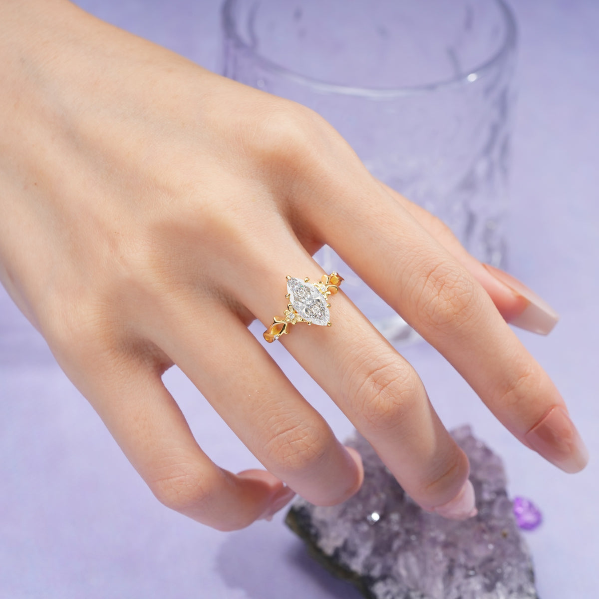Marquise Cut Solitaire Open Floral Vine Filigree Side Accent Moissanite Engagement Ring - Additional view