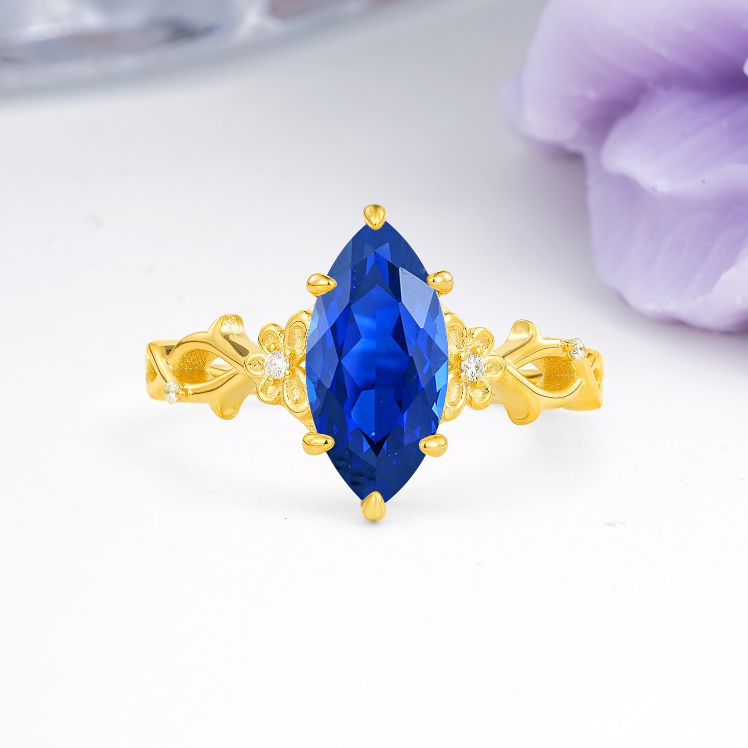 Marquise Cut Solitaire Open Floral Vine Filigree Side Accent Sapphire Engagement Ring - Additional view