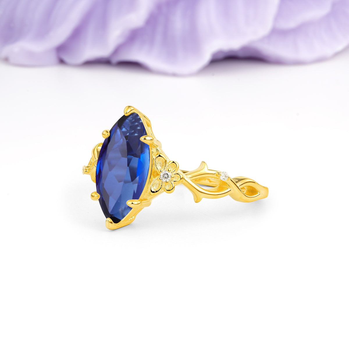 Marquise Cut Solitaire Open Floral Vine Filigree Side Accent Sapphire Engagement Ring - Additional view