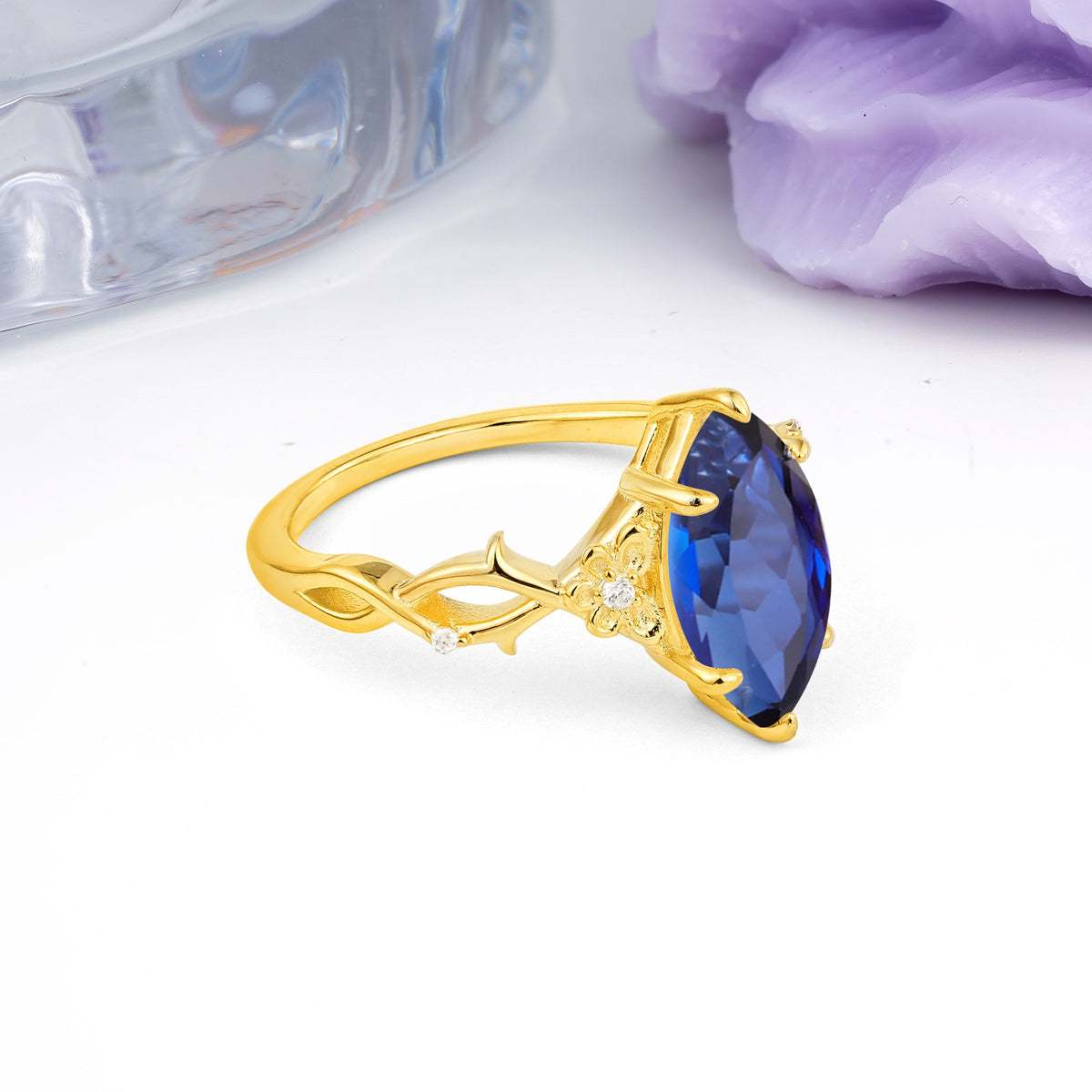 Marquise Cut Solitaire Open Floral Vine Filigree Side Accent Sapphire Engagement Ring - Additional view