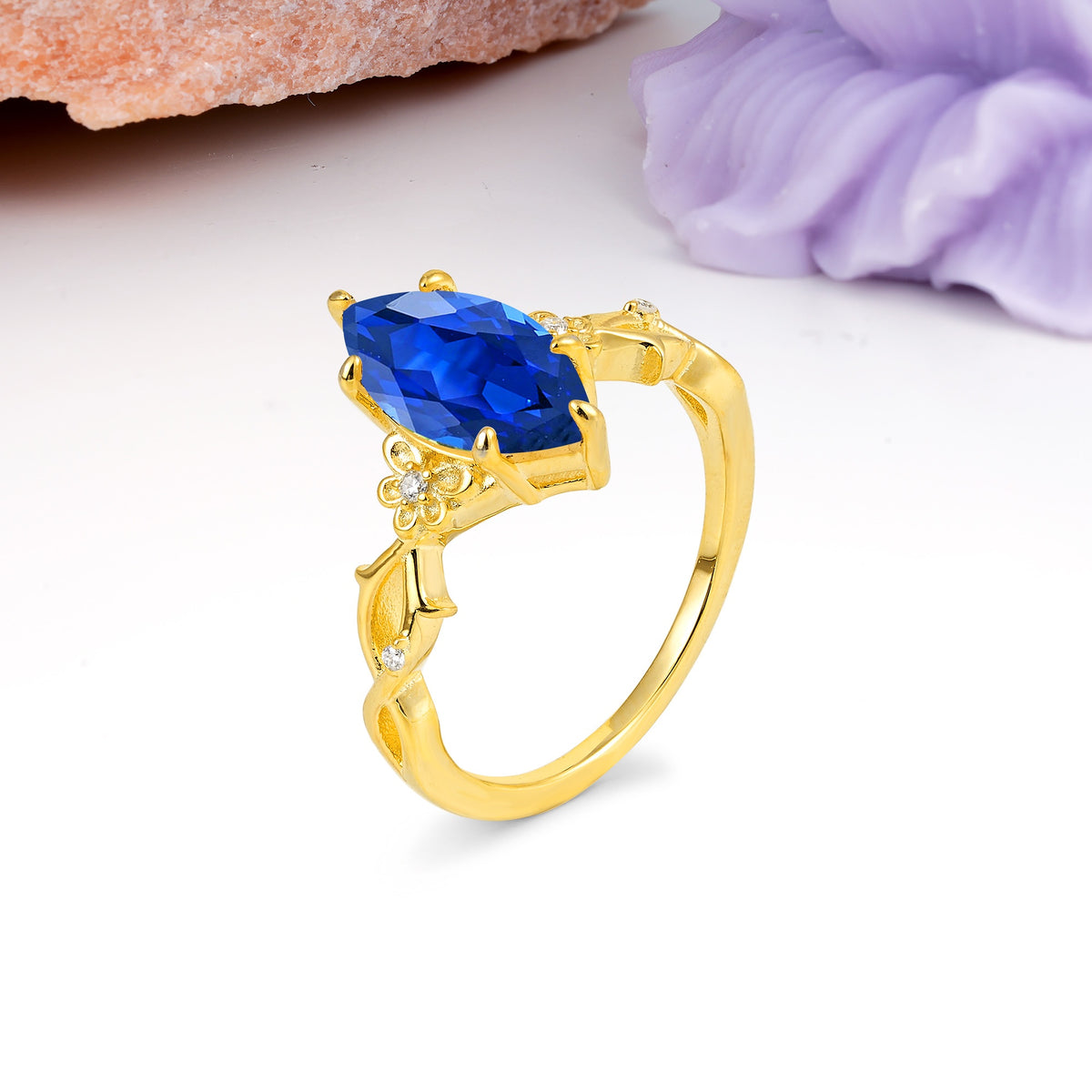 Marquise Cut Solitaire Open Floral Vine Filigree Side Accent Sapphire Engagement Ring - Additional view
