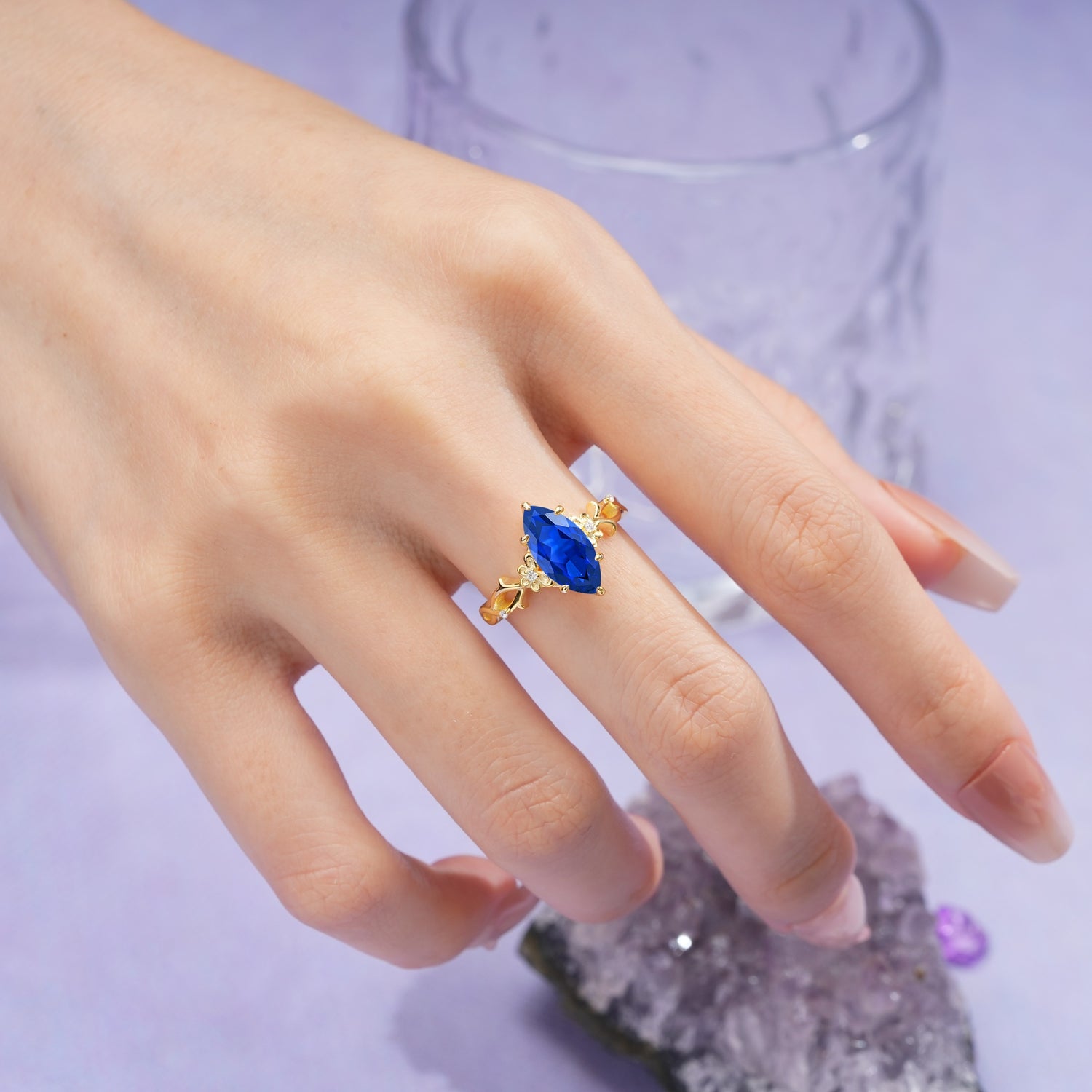 Marquise Cut Solitaire Open Floral Vine Filigree Side Accent Sapphire Engagement Ring - Additional view
