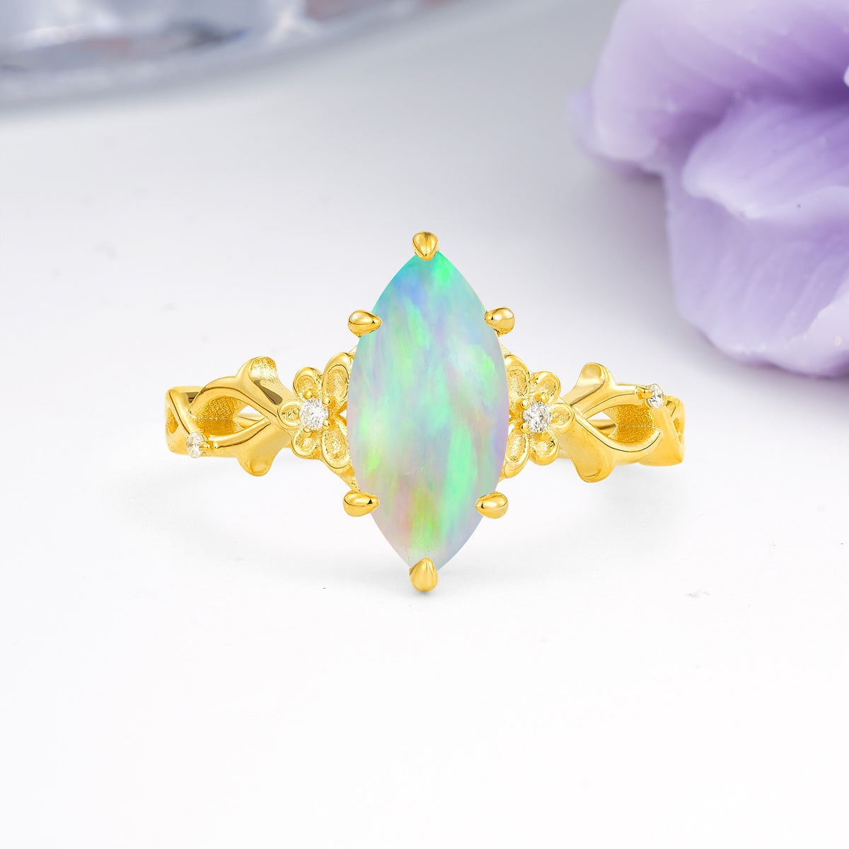 Marquise Cut Solitaire Open Floral Vine Filigree Side Accent Fire Opal Engagement Ring - Additional view