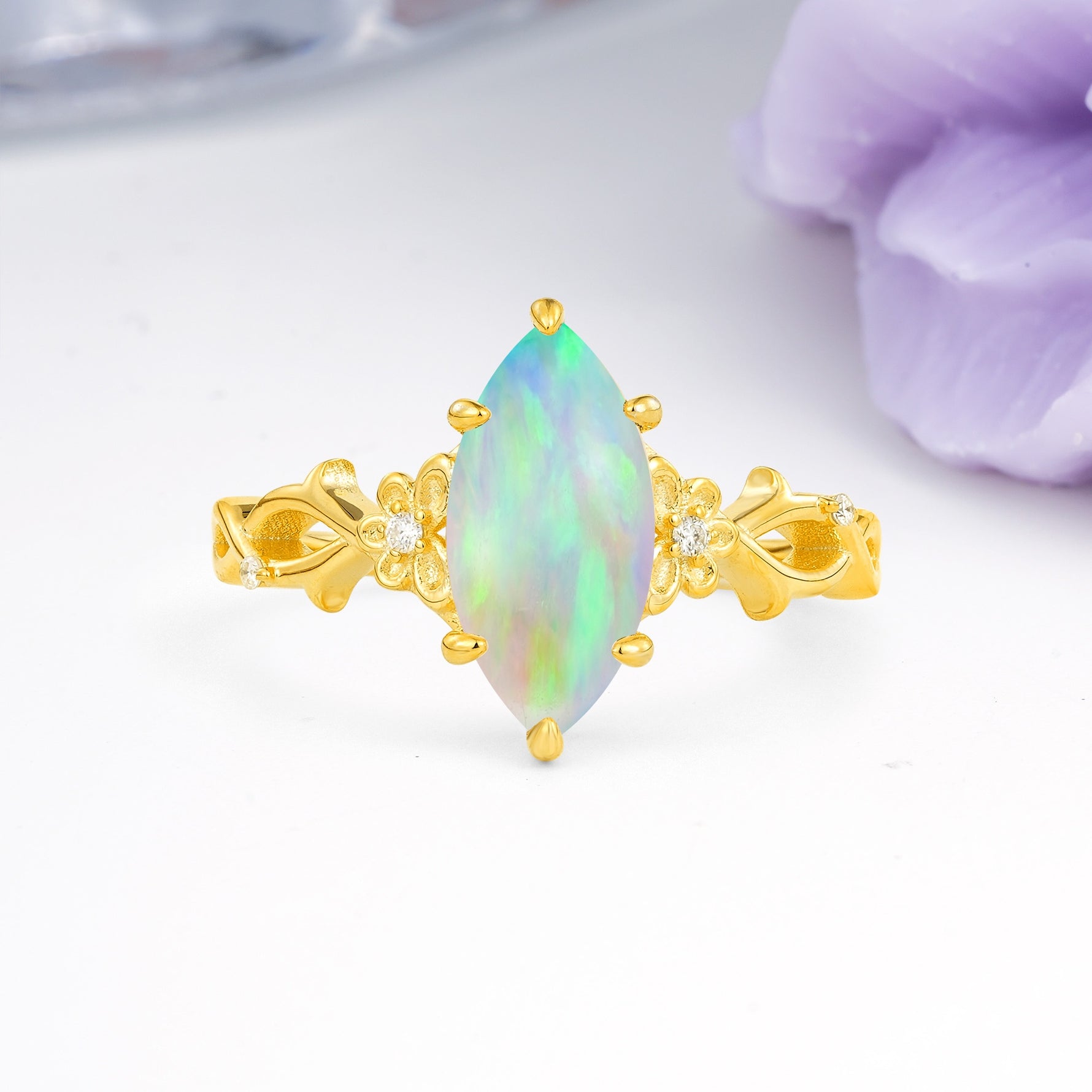 Marquise Cut Solitaire Open Floral Vine Filigree Side Accent Fire Opal Engagement Ring - Additional view