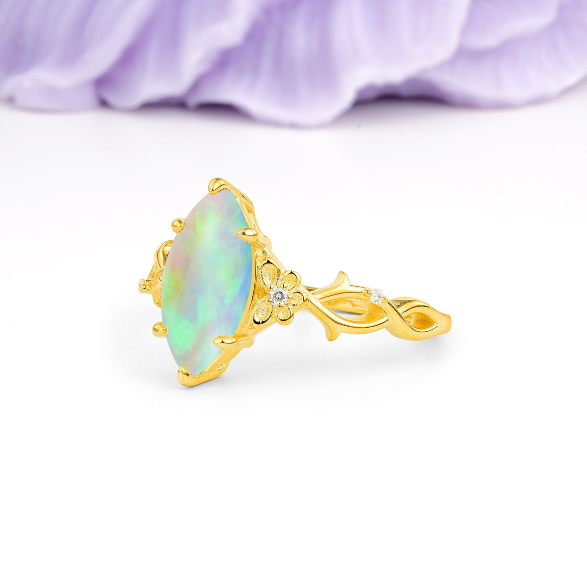 Marquise Cut Solitaire Open Floral Vine Filigree Side Accent Fire Opal Engagement Ring - Additional view