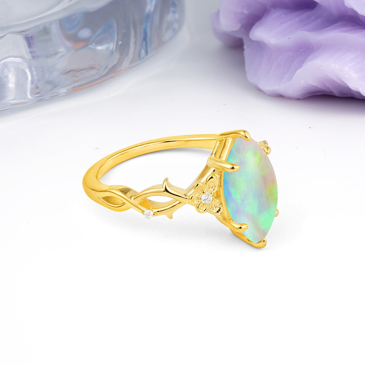 Marquise Cut Solitaire Open Floral Vine Filigree Side Accent Fire Opal Engagement Ring - Additional view