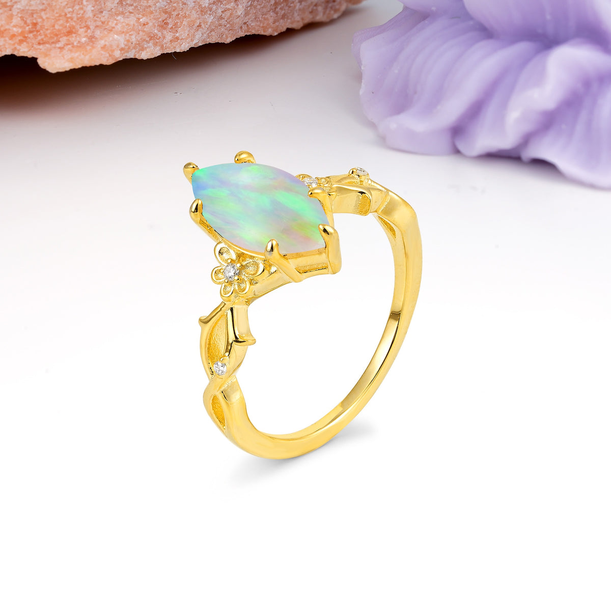 Marquise Cut Solitaire Open Floral Vine Filigree Side Accent Fire Opal Engagement Ring - Additional view