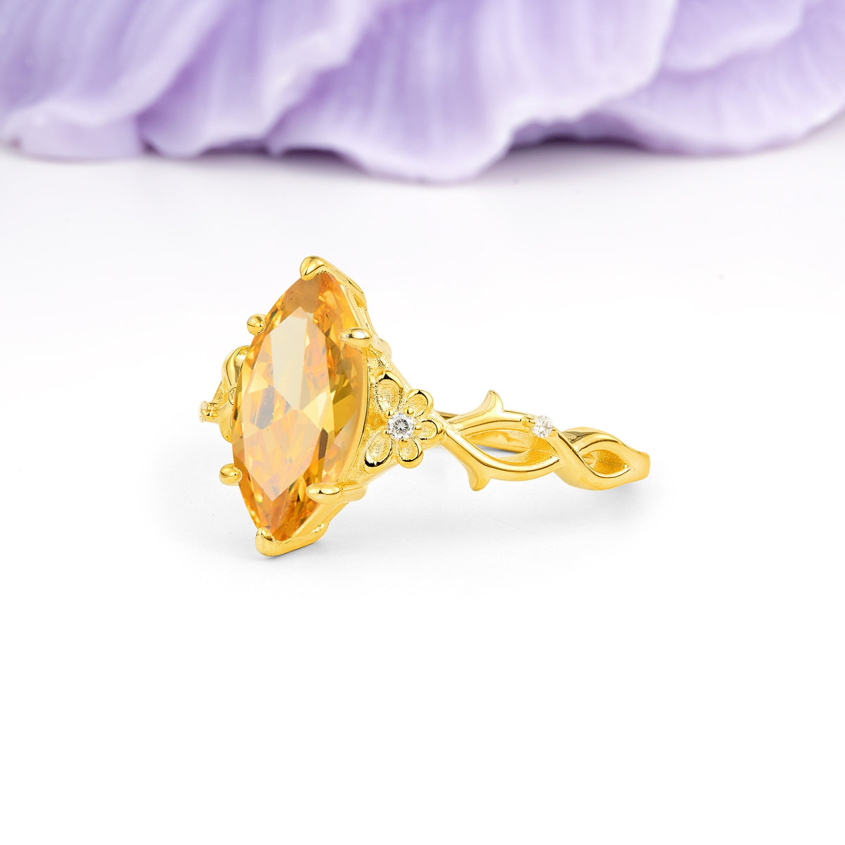 Marquise Cut Solitaire Open Floral Vine Filigree Side Accent Citrine Engagement Ring - Additional view