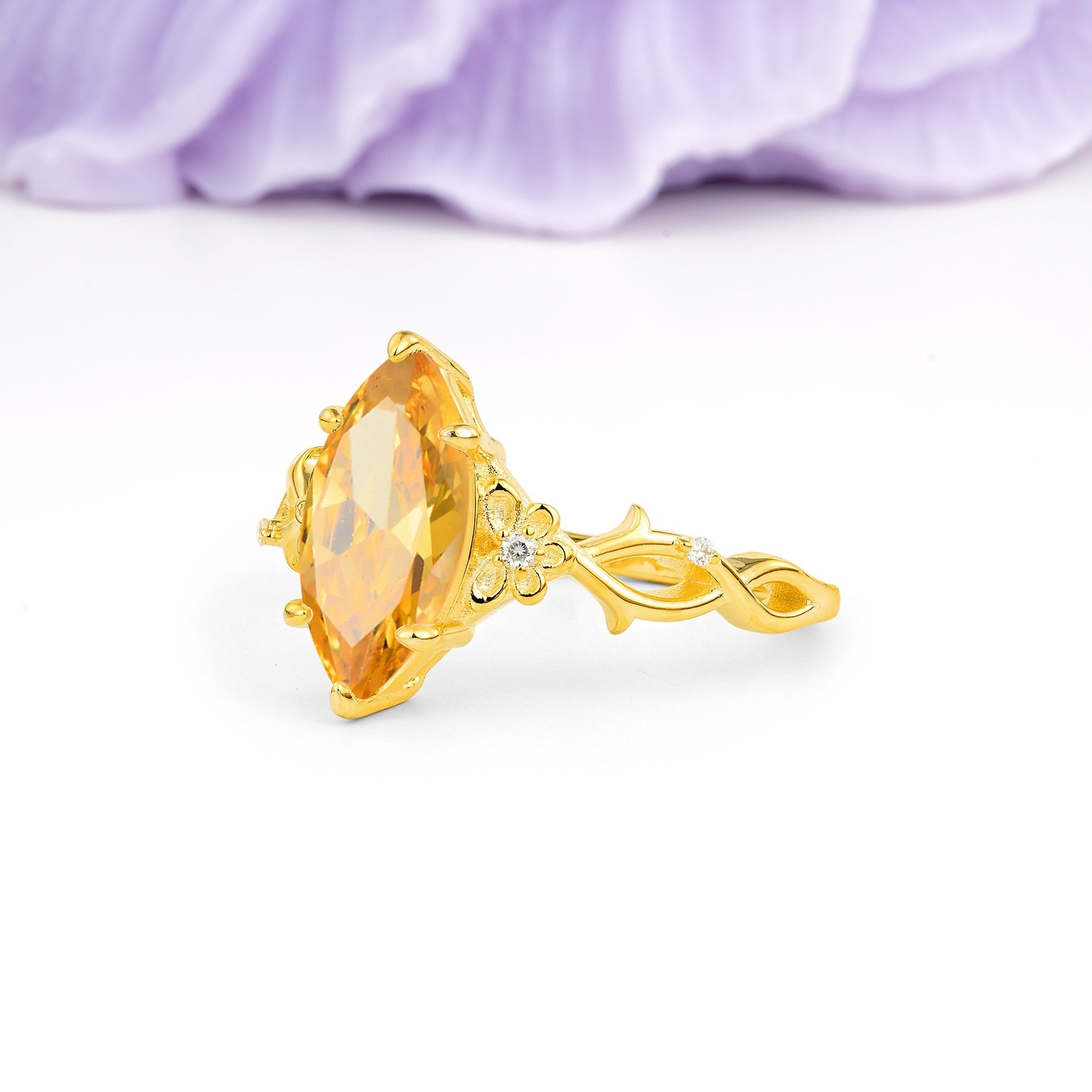 Marquise Cut Solitaire Open Floral Vine Filigree Side Accent Citrine Engagement Ring - Additional view