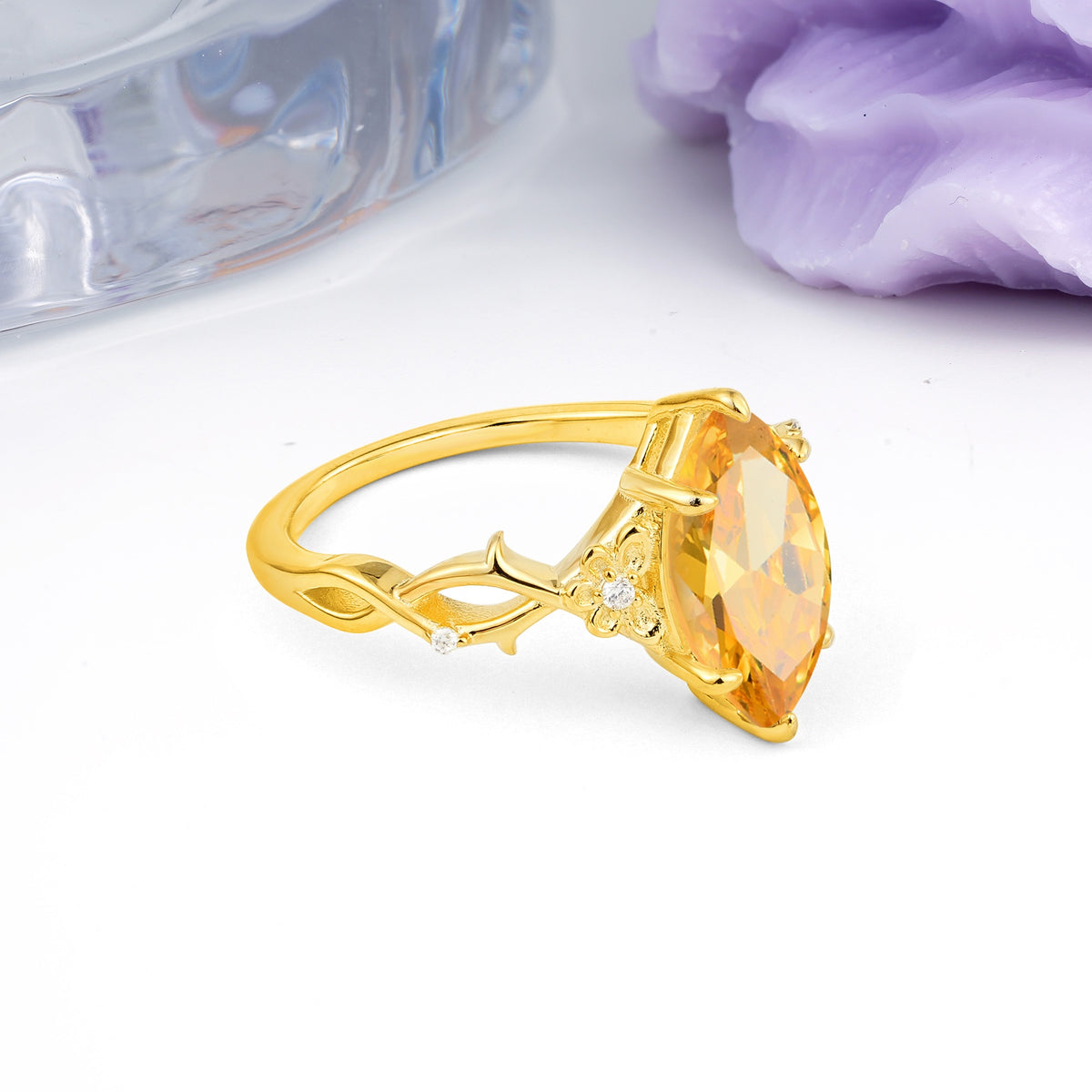 Marquise Cut Solitaire Open Floral Vine Filigree Side Accent Citrine Engagement Ring - Additional view