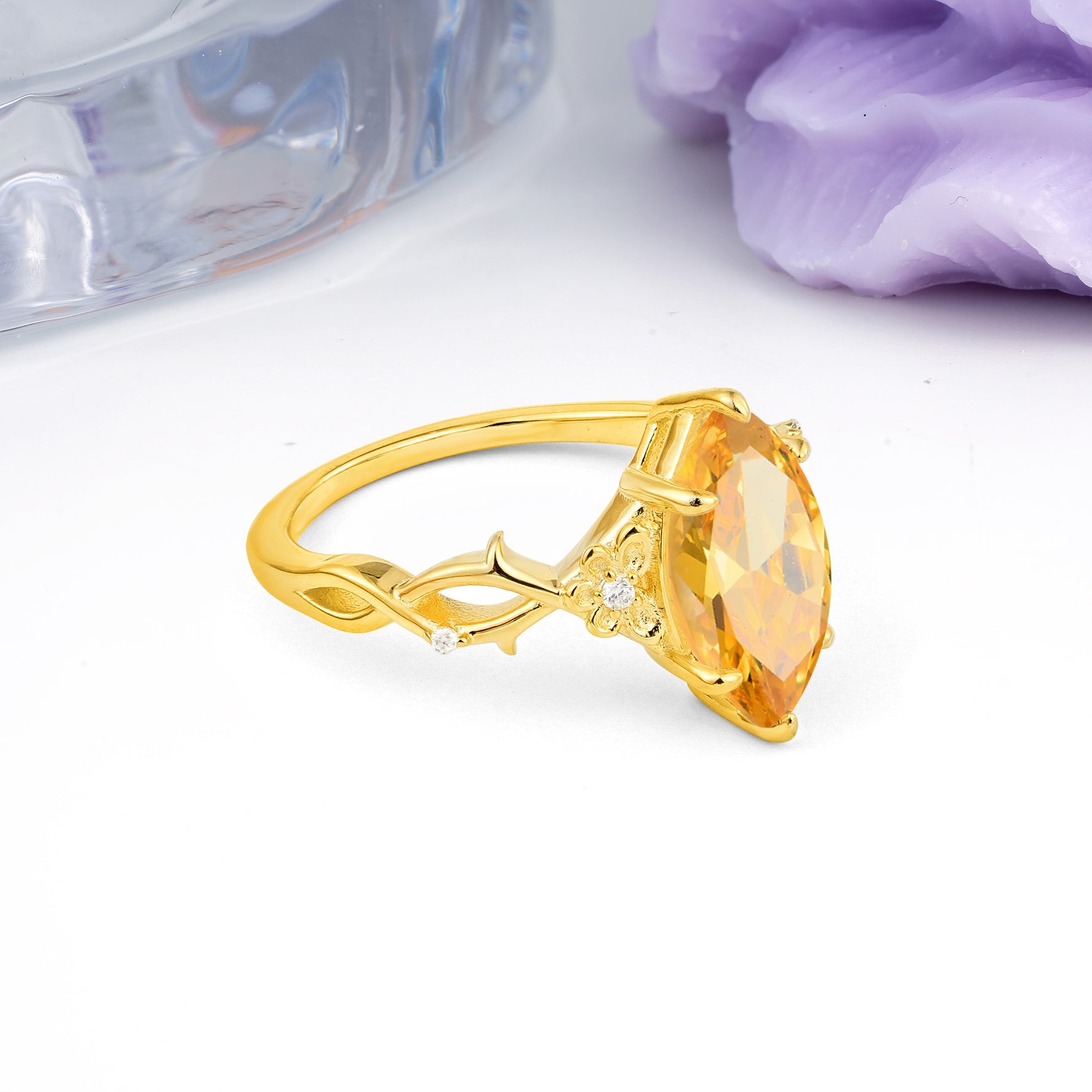 Marquise Cut Solitaire Open Floral Vine Filigree Side Accent Citrine Engagement Ring - Additional view