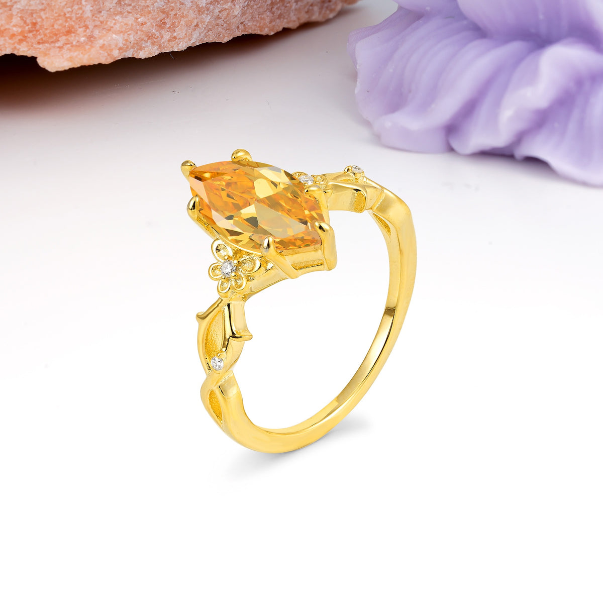 Marquise Cut Solitaire Open Floral Vine Filigree Side Accent Citrine Engagement Ring - Additional view