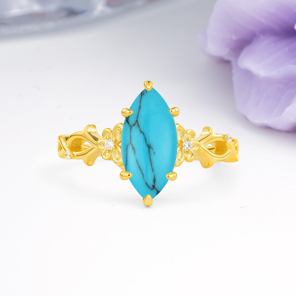 Marquise Cut Solitaire Open Floral Vine Filigree Side Accent Turquoise Engagement Ring - Additional view