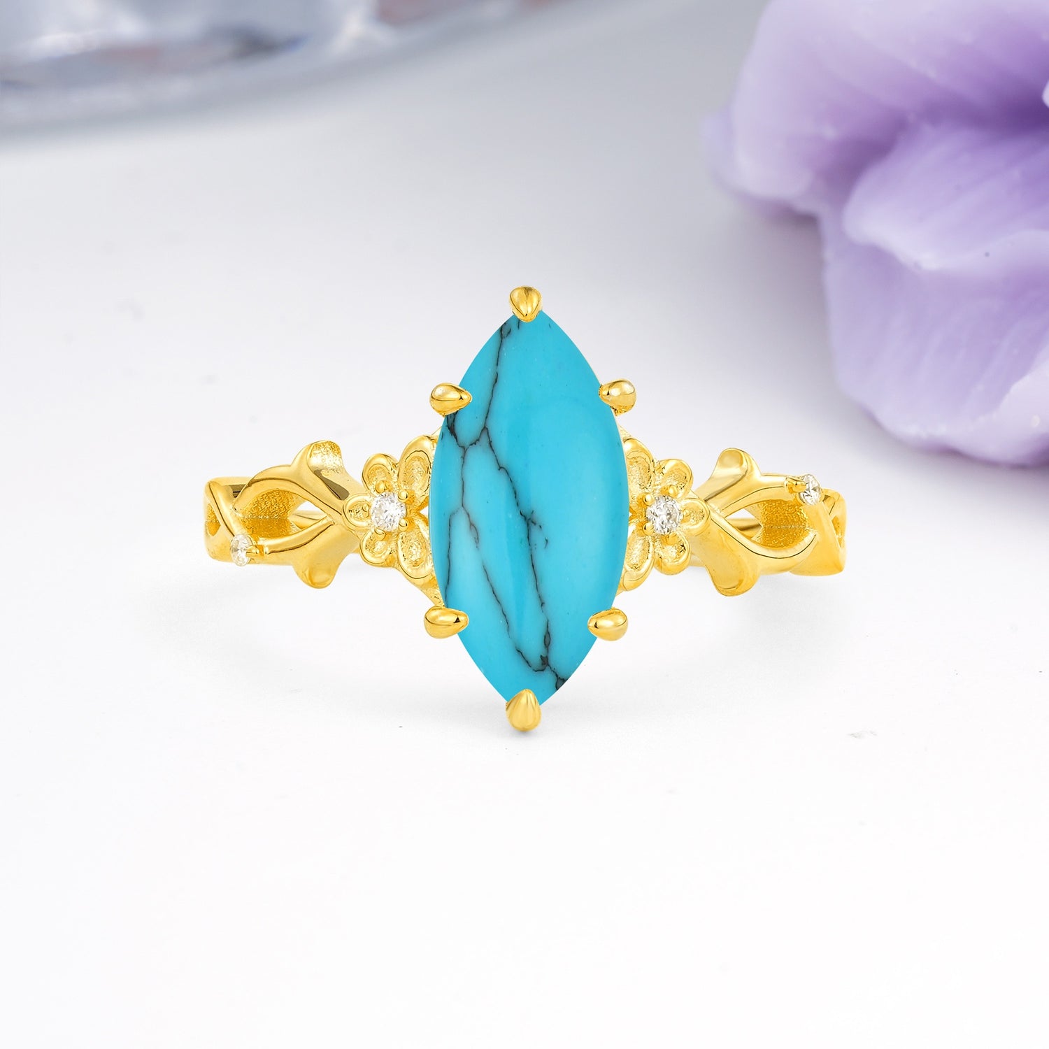Marquise Cut Solitaire Open Floral Vine Filigree Side Accent Turquoise Engagement Ring - Additional view