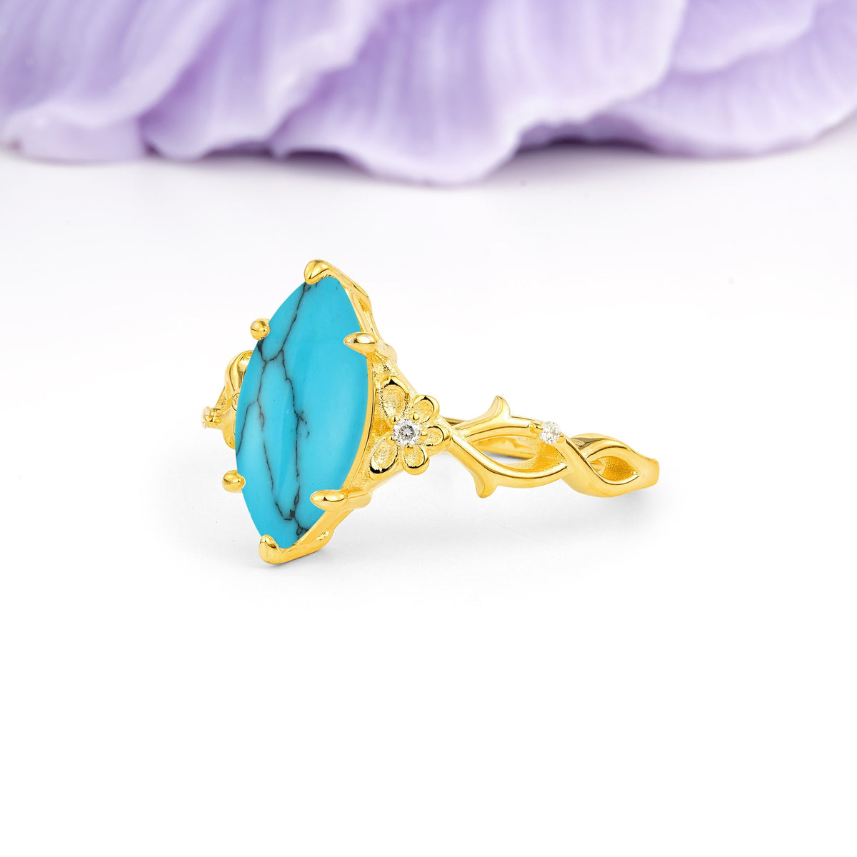 Marquise Cut Solitaire Open Floral Vine Filigree Side Accent Turquoise Engagement Ring - Additional view
