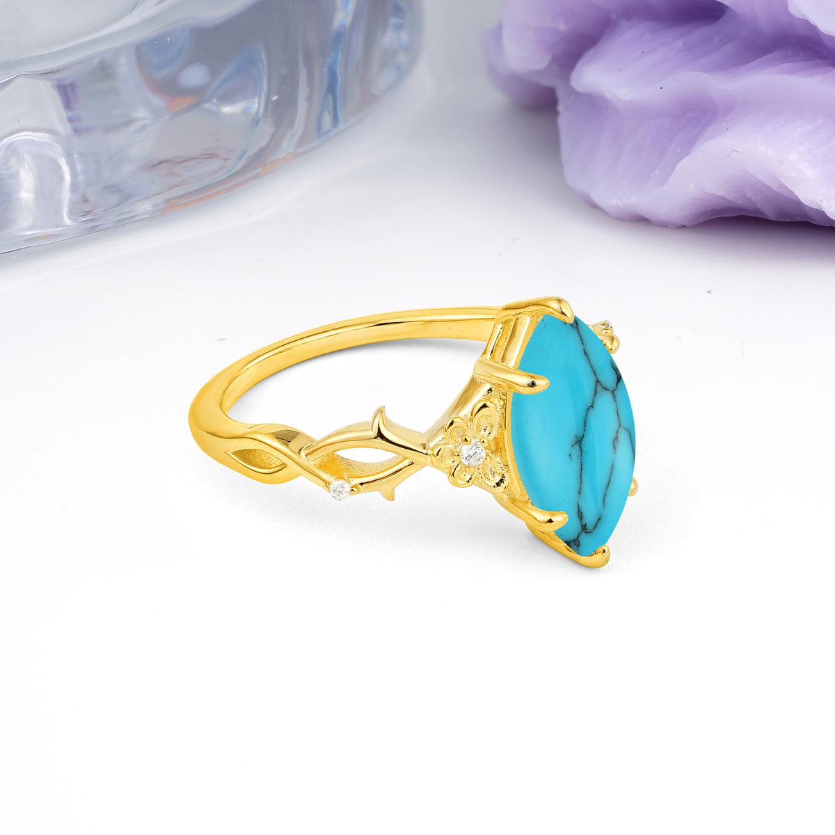 Marquise Cut Solitaire Open Floral Vine Filigree Side Accent Turquoise Engagement Ring - Additional view