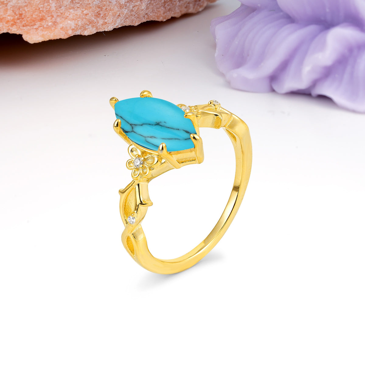 Marquise Cut Solitaire Open Floral Vine Filigree Side Accent Turquoise Engagement Ring - Additional view