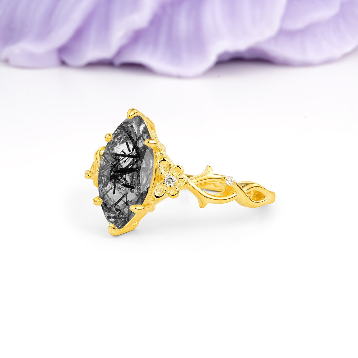 Marquise Cut Solitaire Open Floral Vine Filigree Side Accent Black Rutilated Quartz Engagement Ring - Additional view