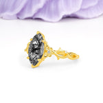 Marquise Cut Solitaire Open Floral Vine Filigree Side Accent Black Rutilated Quartz Engagement Ring - Additional view