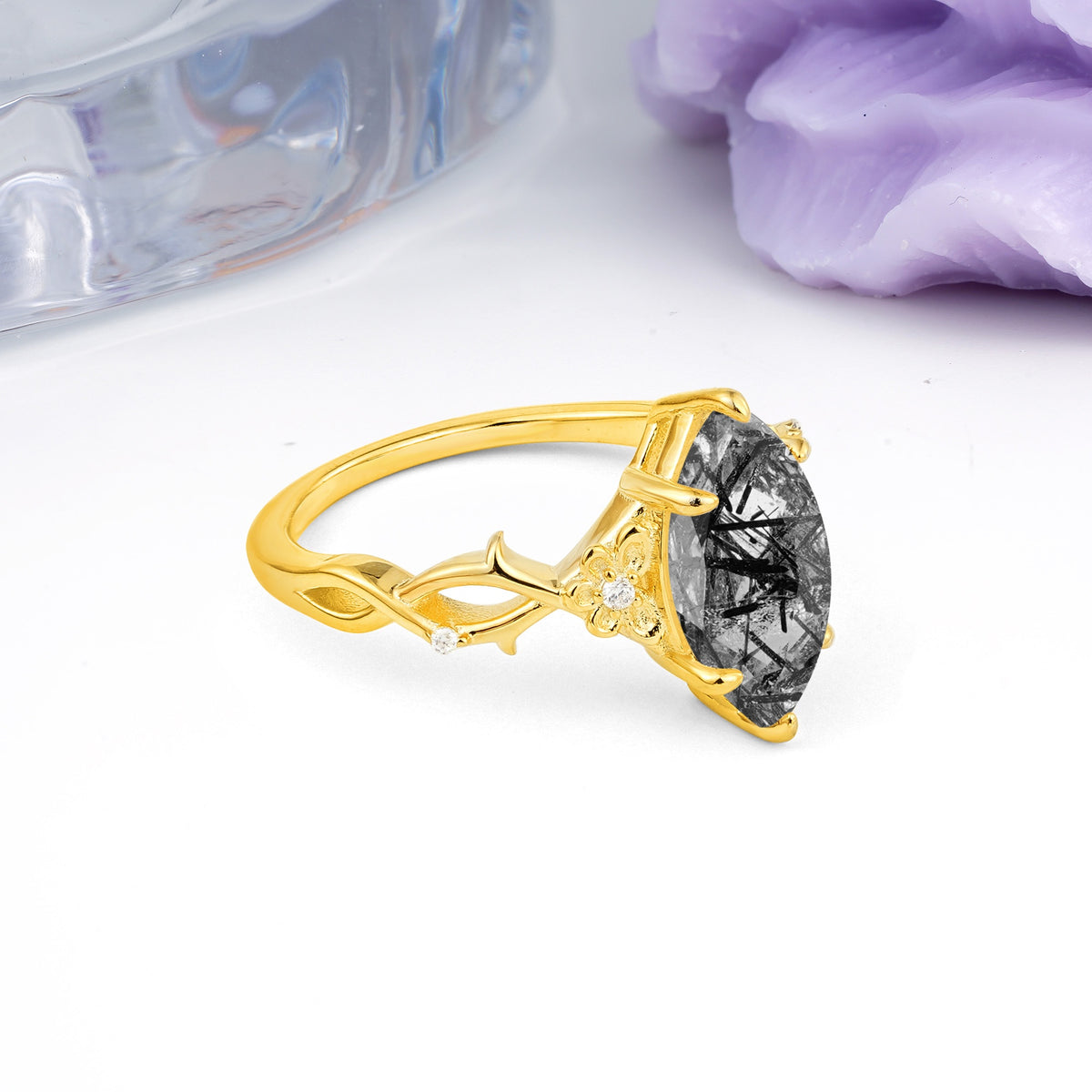Marquise Cut Solitaire Open Floral Vine Filigree Side Accent Black Rutilated Quartz Engagement Ring - Additional view
