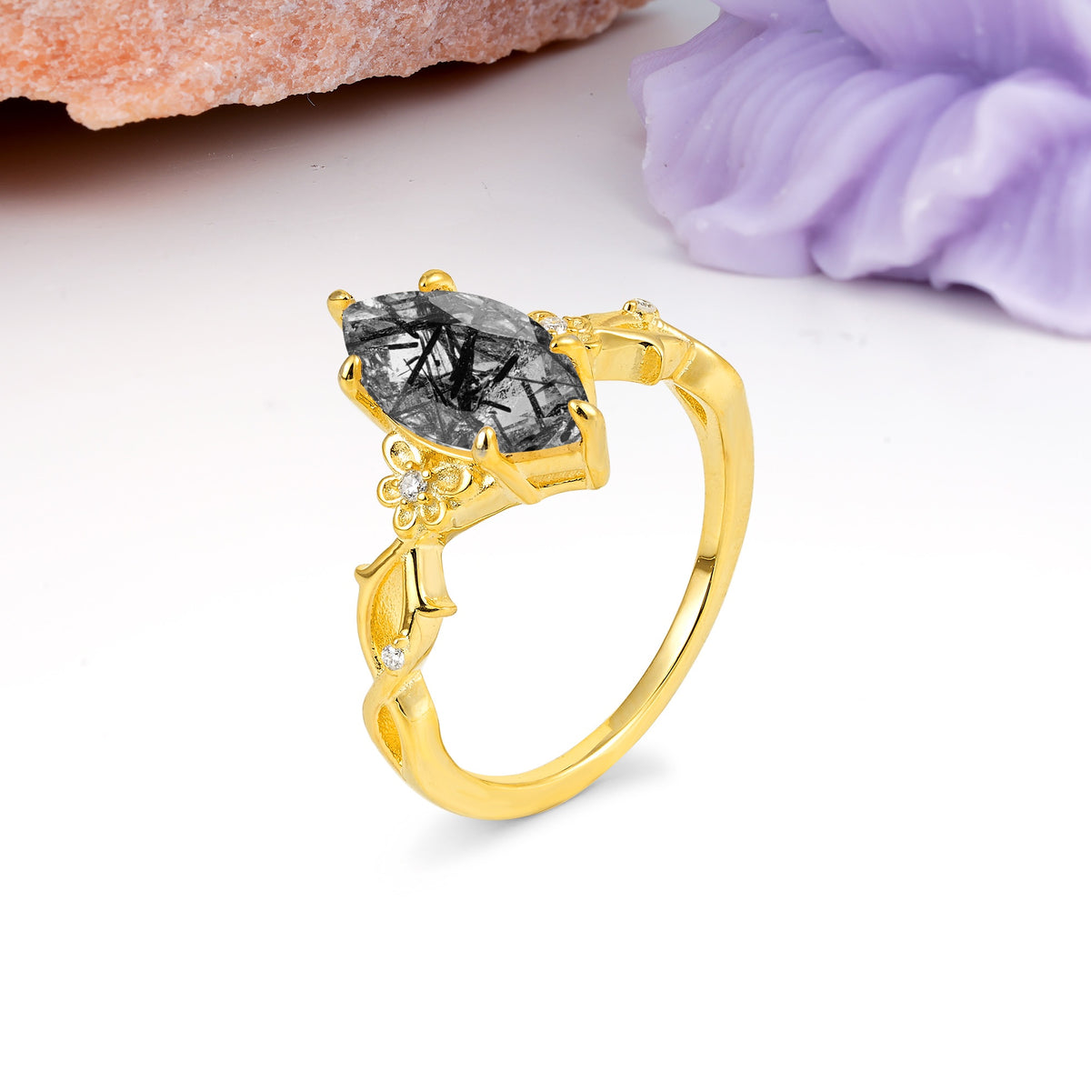 Marquise Cut Solitaire Open Floral Vine Filigree Side Accent Black Rutilated Quartz Engagement Ring - Additional view