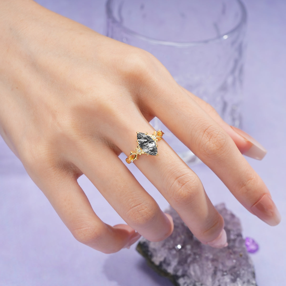 Marquise Cut Solitaire Open Floral Vine Filigree Side Accent Black Rutilated Quartz Engagement Ring - Additional view