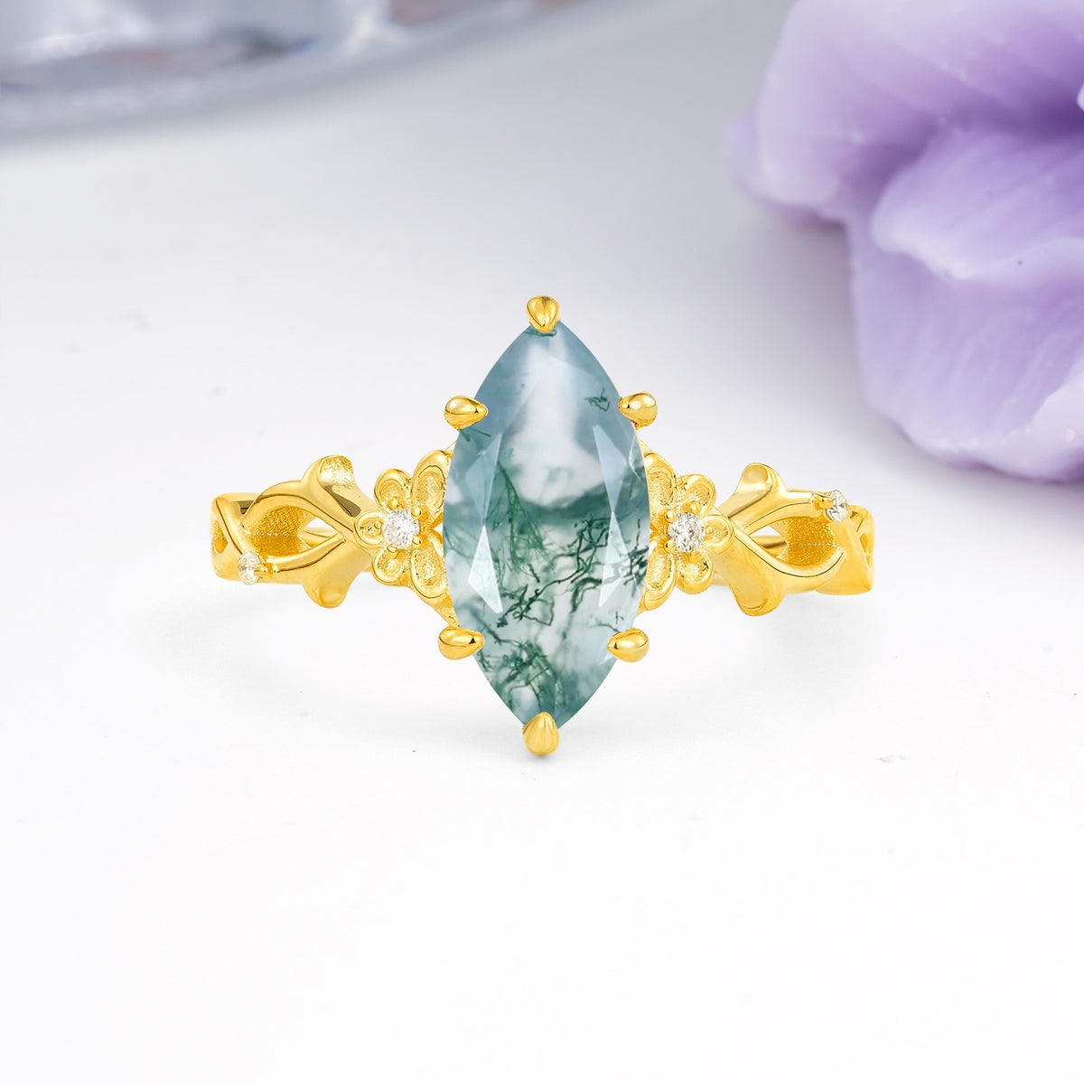 Marquise Cut Solitaire Open Floral Vine Filigree Side Accent Moss Agate Engagement Ring - Additional view