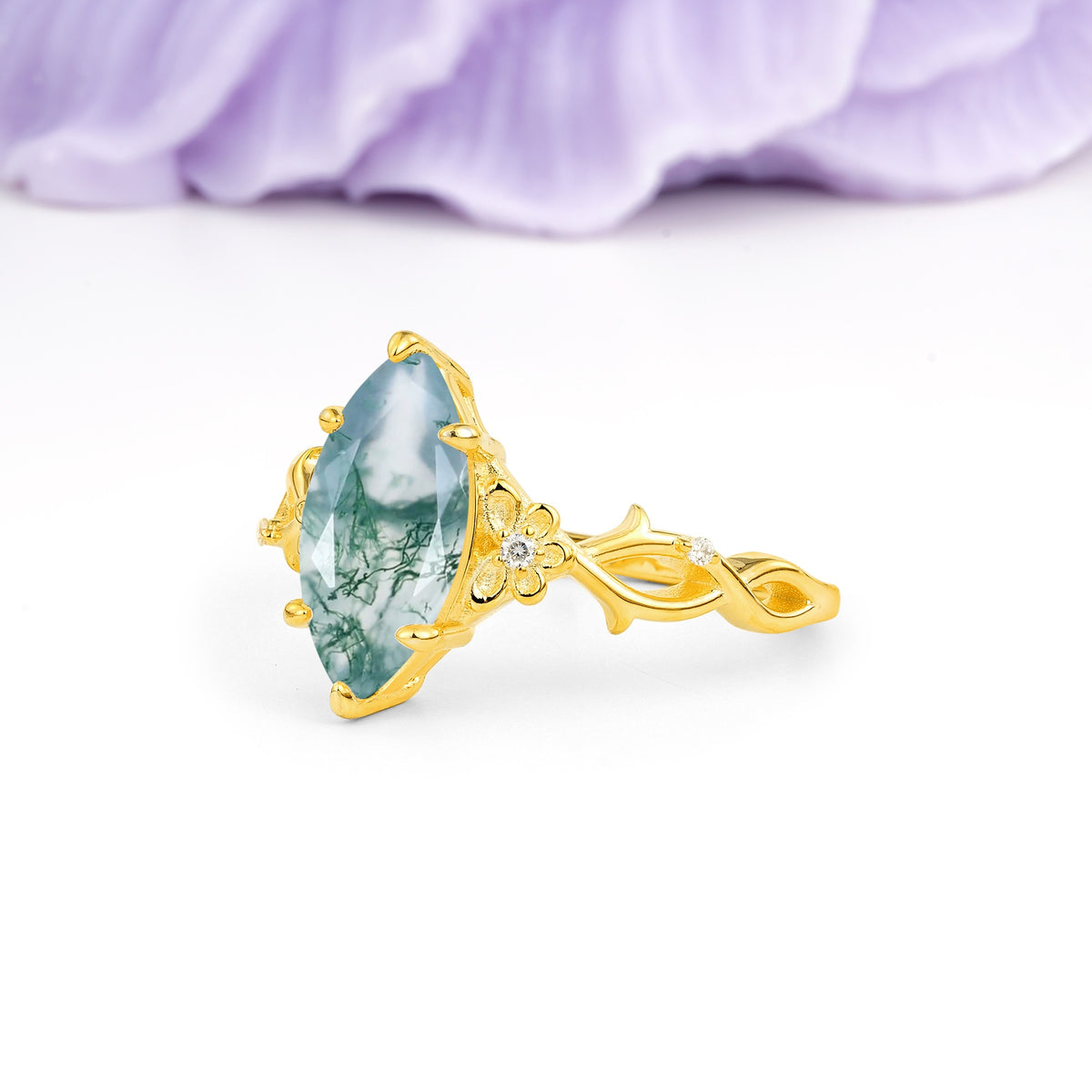 Marquise Cut Solitaire Open Floral Vine Filigree Side Accent Moss Agate Engagement Ring - Additional view