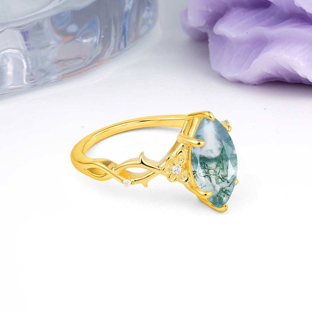 Marquise Cut Solitaire Open Floral Vine Filigree Side Accent Moss Agate Engagement Ring - Additional view
