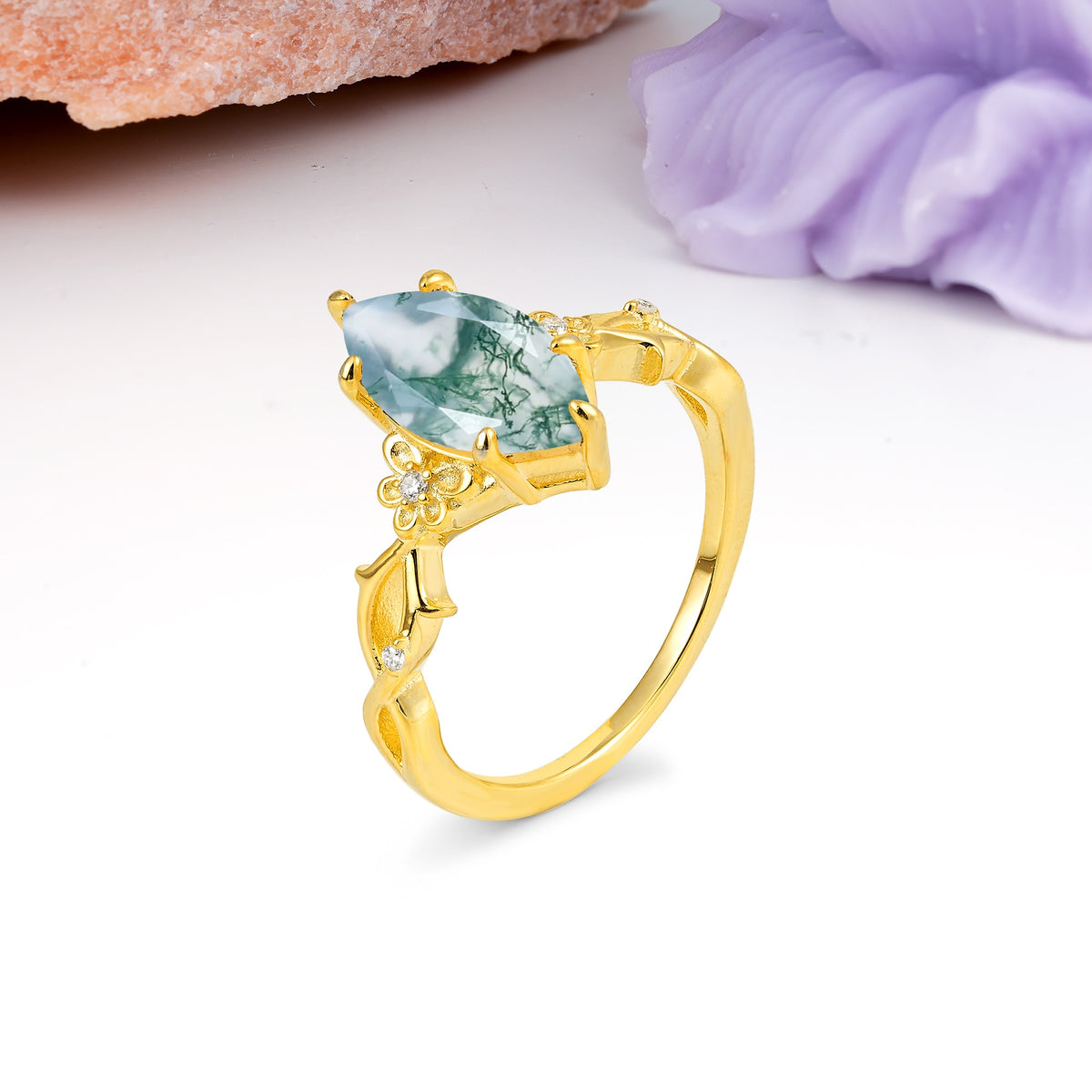 Marquise Cut Solitaire Open Floral Vine Filigree Side Accent Moss Agate Engagement Ring - Additional view