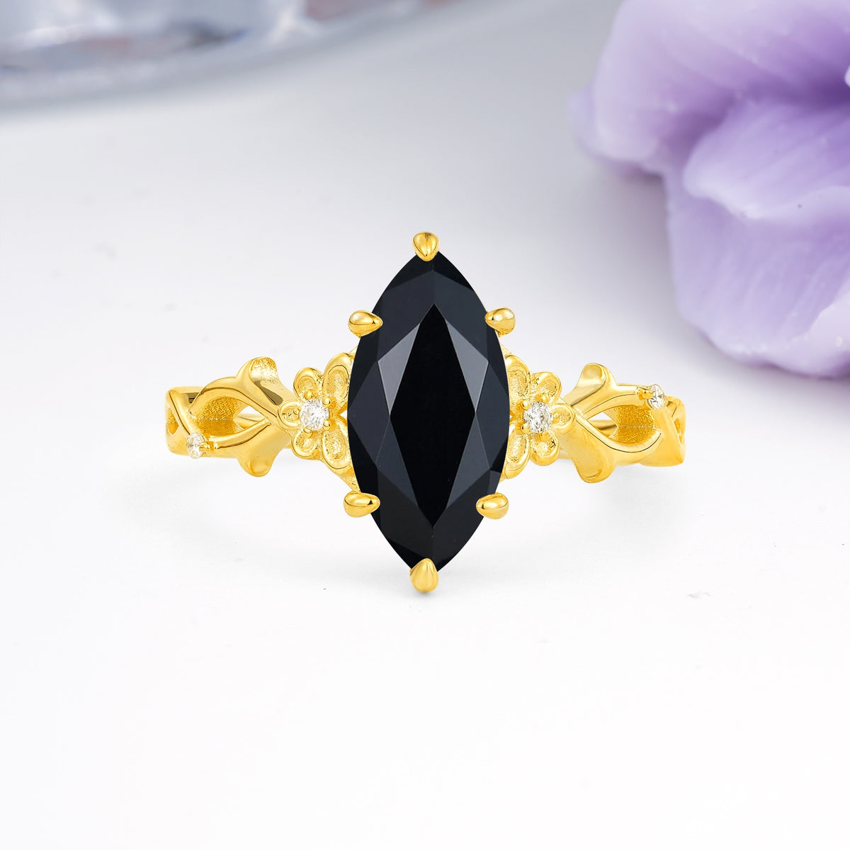 Marquise Cut Solitaire Open Floral Vine Filigree Side Accent Black Onyx Engagement Ring - Additional view