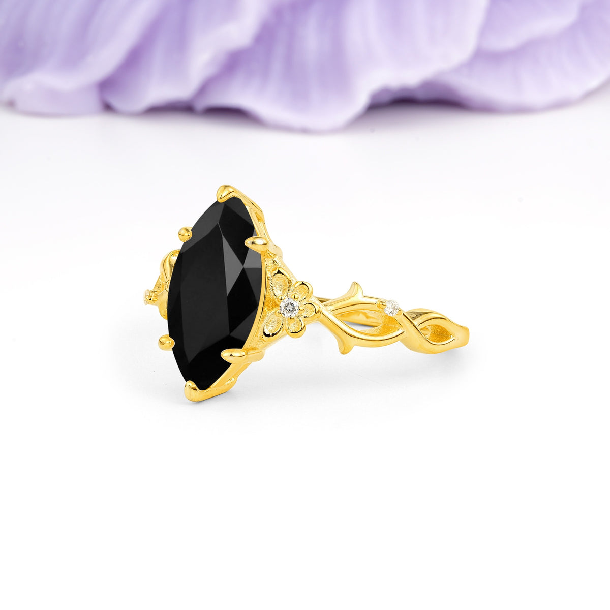 Marquise Cut Solitaire Open Floral Vine Filigree Side Accent Black Onyx Engagement Ring - Additional view