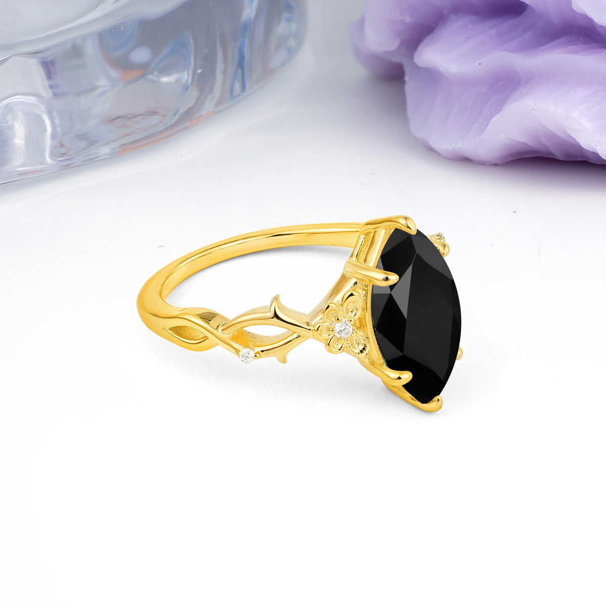 Marquise Cut Solitaire Open Floral Vine Filigree Side Accent Black Onyx Engagement Ring - Additional view