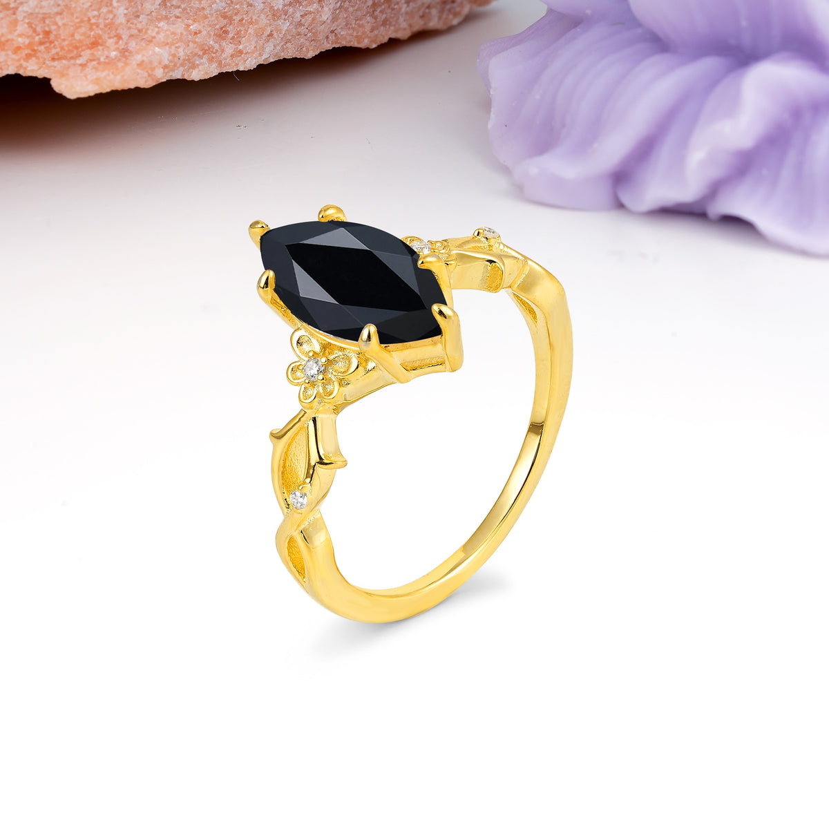 Marquise Cut Solitaire Open Floral Vine Filigree Side Accent Black Onyx Engagement Ring - Additional view