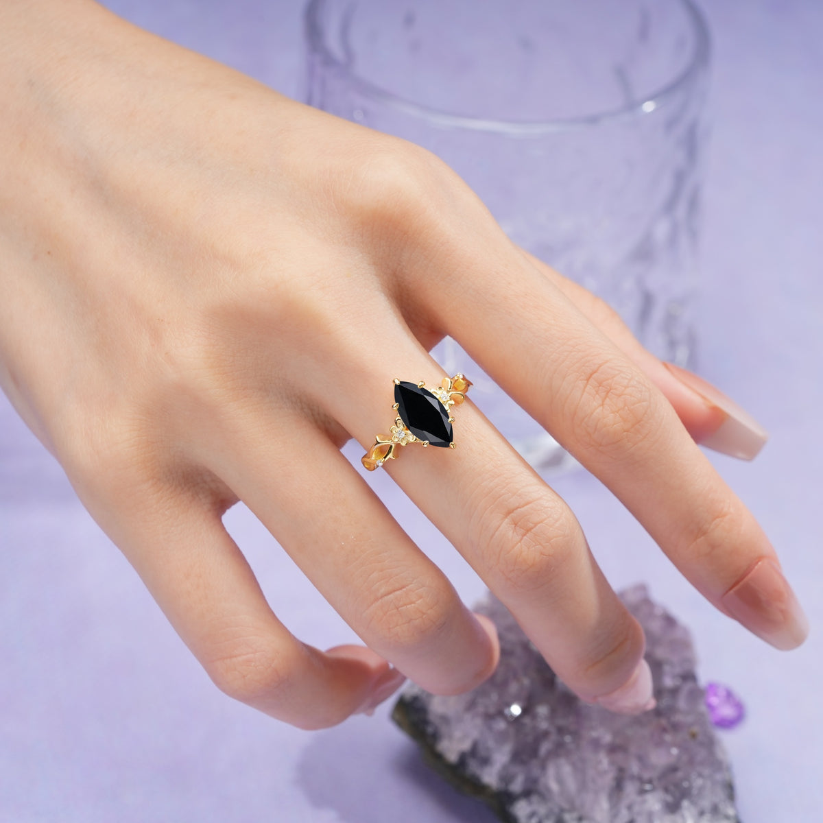 Marquise Cut Solitaire Open Floral Vine Filigree Side Accent Black Onyx Engagement Ring - Additional view