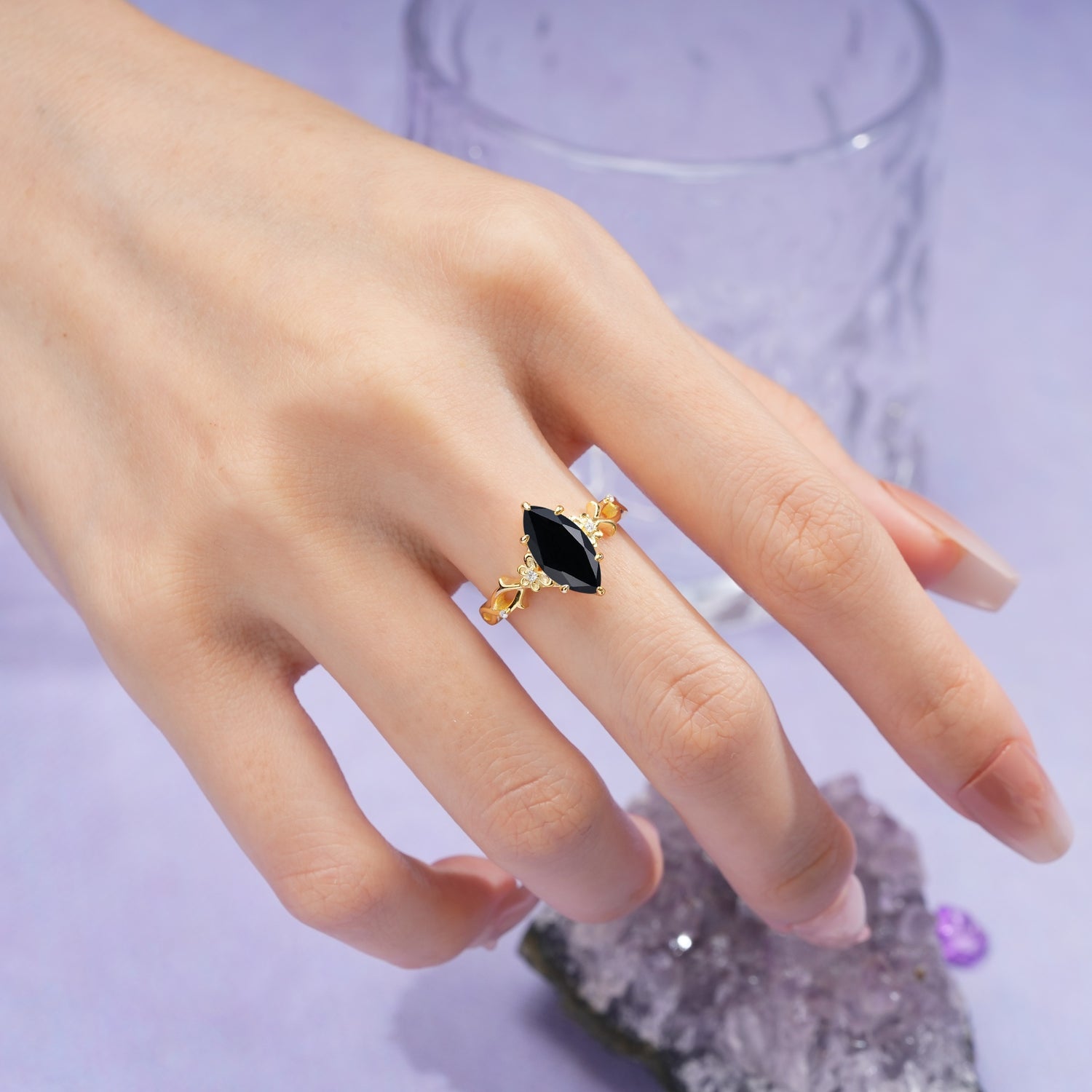 Marquise Cut Solitaire Open Floral Vine Filigree Side Accent Black Onyx Engagement Ring - Additional view