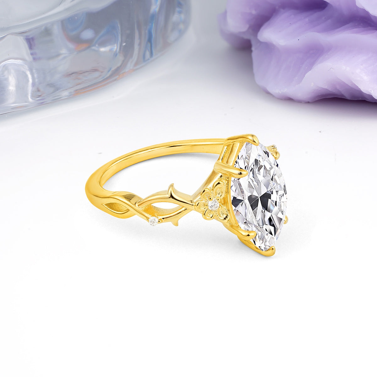Marquise Cut Solitaire Open Floral Vine Filigree Side Accent Lab Diamond Engagement Ring - Additional view