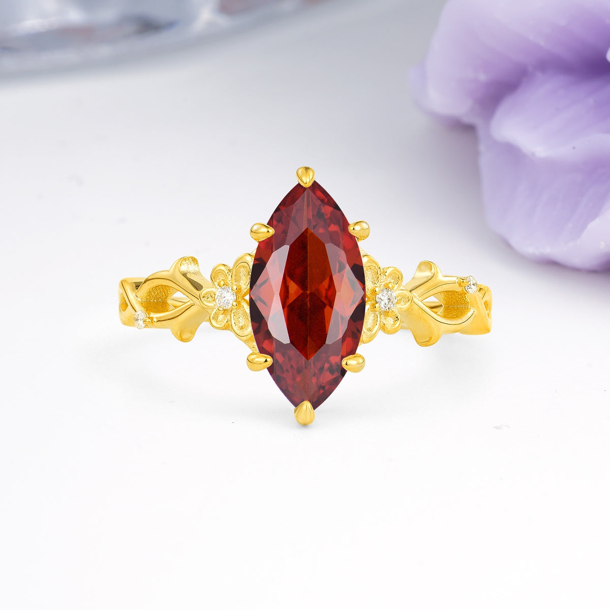 Marquise Cut Solitaire Open Floral Vine Filigree Side Accent Garnet Engagement Ring - Additional view