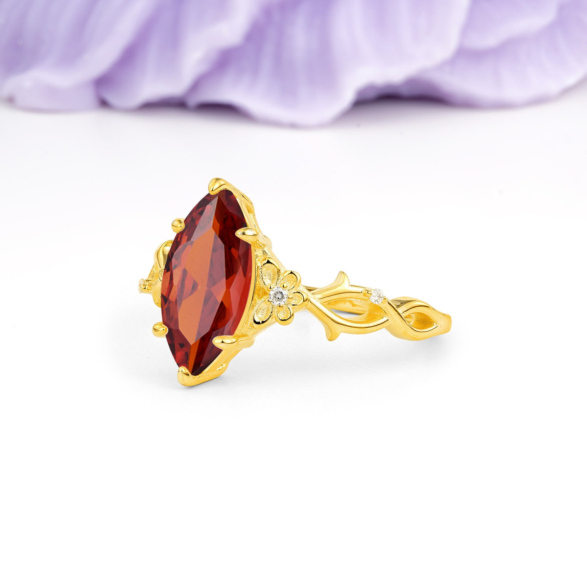 Marquise Cut Solitaire Open Floral Vine Filigree Side Accent Garnet Engagement Ring - Additional view