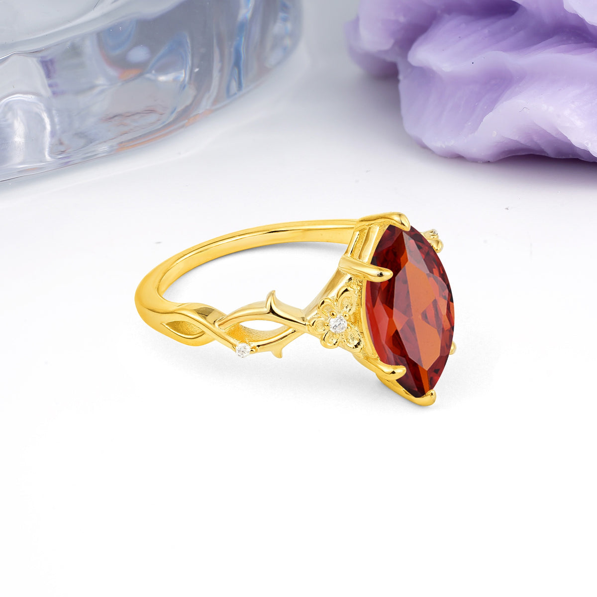 Marquise Cut Solitaire Open Floral Vine Filigree Side Accent Garnet Engagement Ring - Additional view