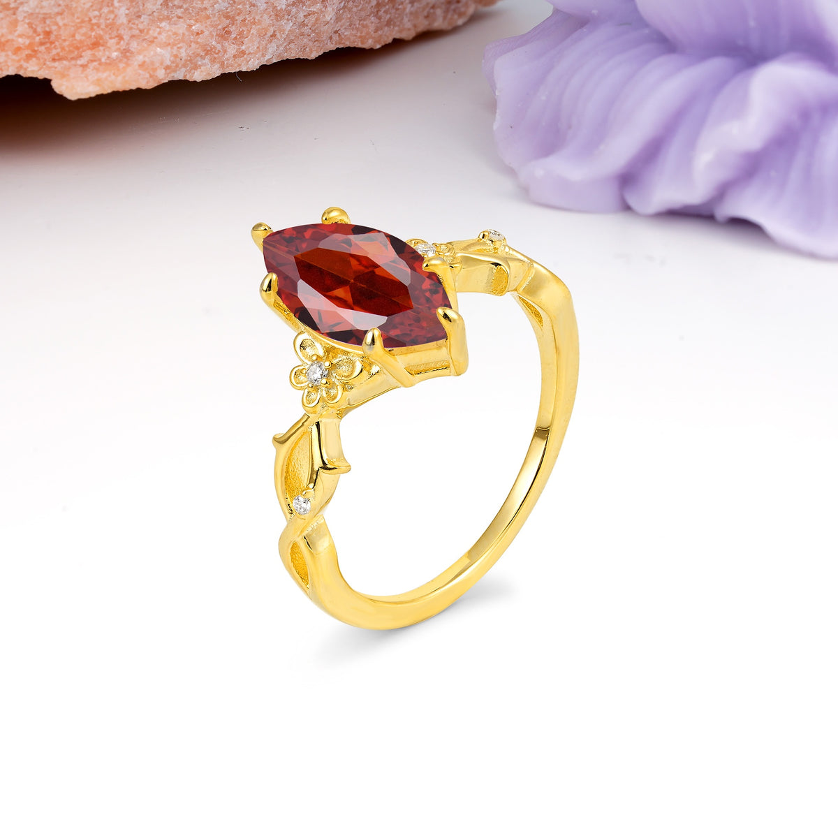 Marquise Cut Solitaire Open Floral Vine Filigree Side Accent Garnet Engagement Ring - Additional view
